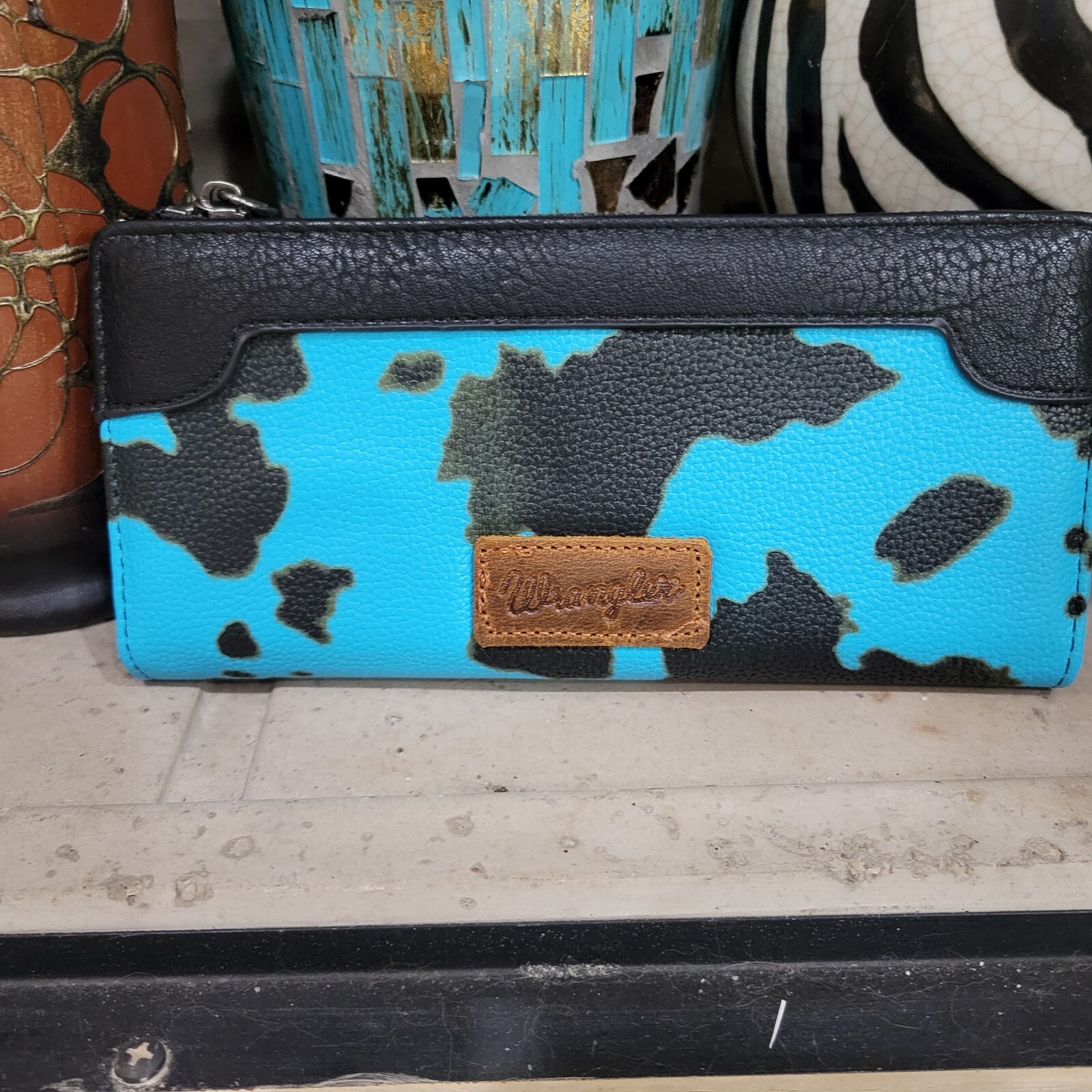 Wrangler Women’s Cow Print Bi-Fold Wallet Turquoise And Black 7.5 X 3.5 Inches