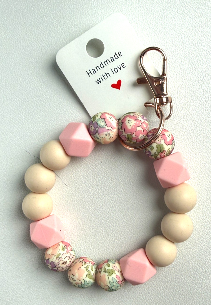 Silicone Beaded Keychain Wristlet Bracelet Pink Floral