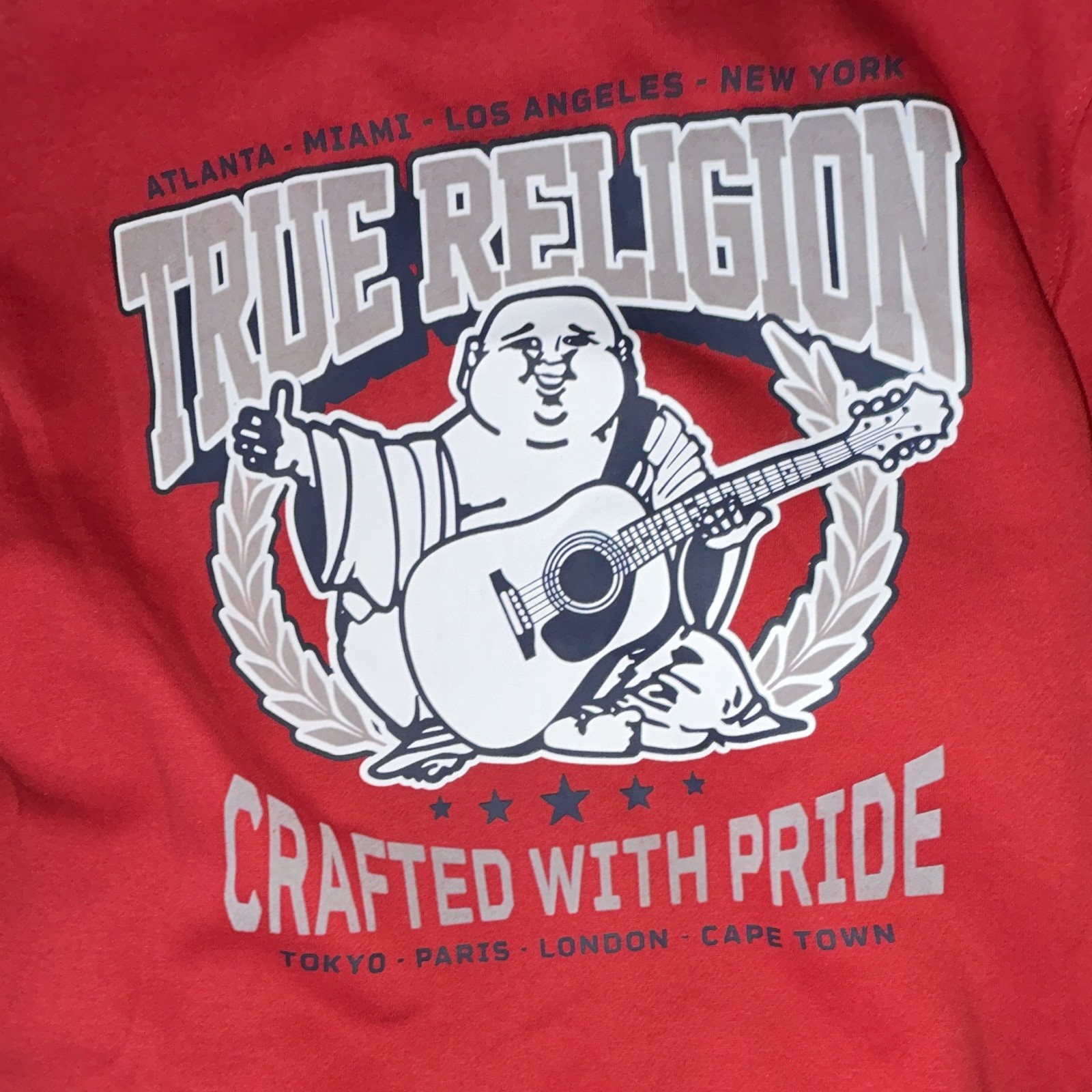 True Religion Men’s M Red Full Zip Hooded Fleece Hoodie Buddha Wreath Logo