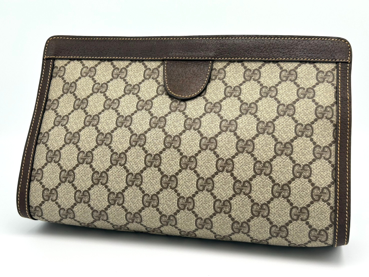 Gucci Clutch Bag GG Supreme Pouch Brown PVC Leather Vintage Authentic