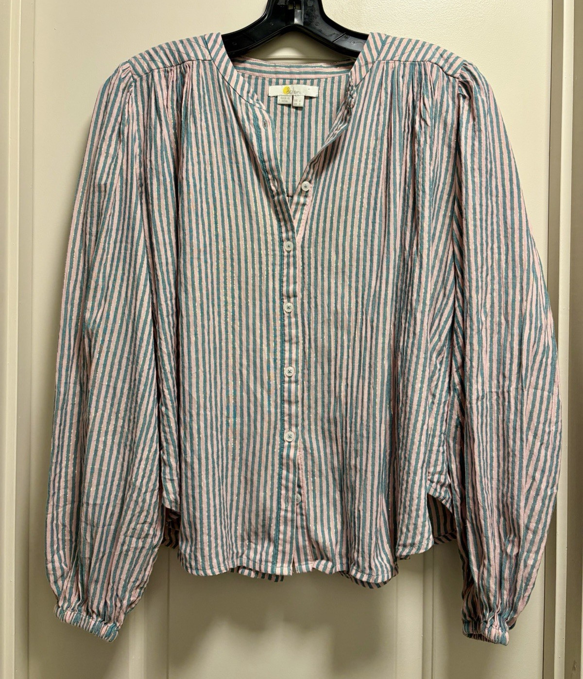 Boden Striped Metallic Quilted Shoulder Blouse Top UK 6 / US 2 Pink Teal Boho
