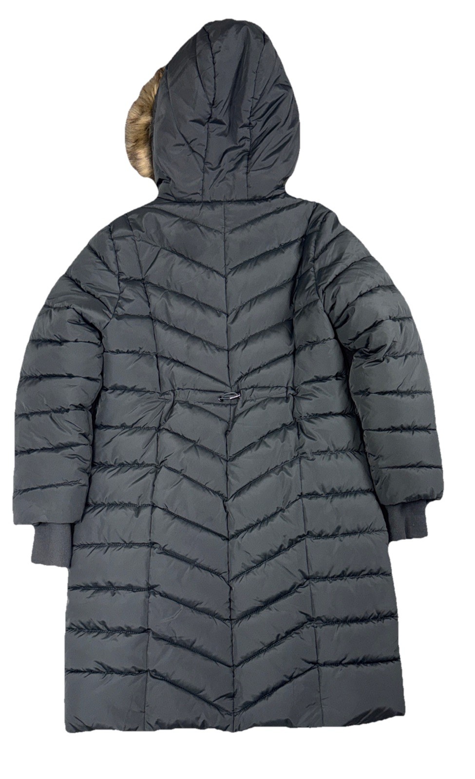 Seraphine Long Maternity Puffer Coat Women Size 6 Black Hooded Faux Fur Trim