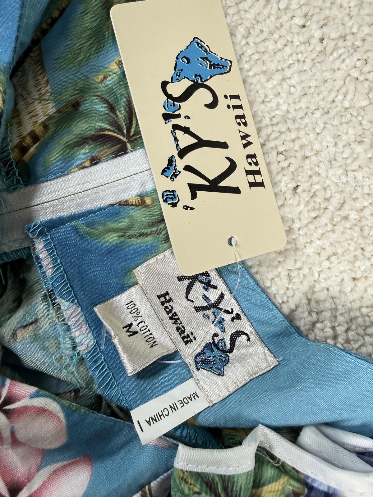 KY’S Hawaii Muumuu Dress Womens M Blue Floral Cotton Sundress Ruffle Hawaii