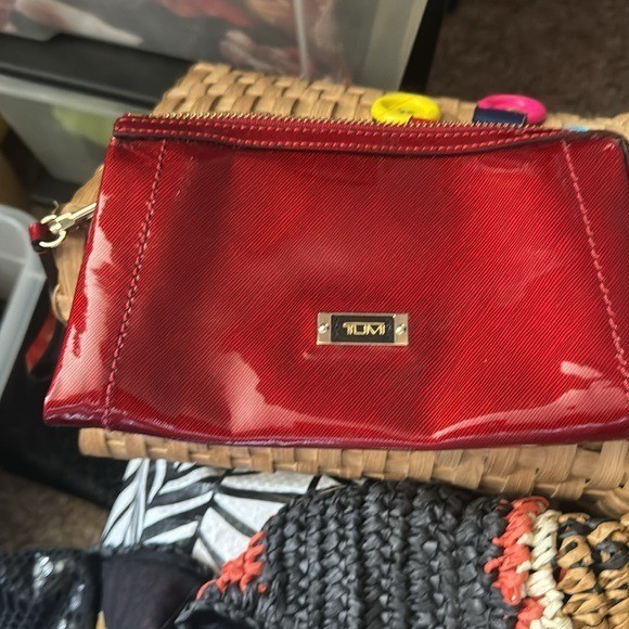 TUMI Red Metallic Crossgrain Zip Top Wristlet Clutch Bag Gold Hardware