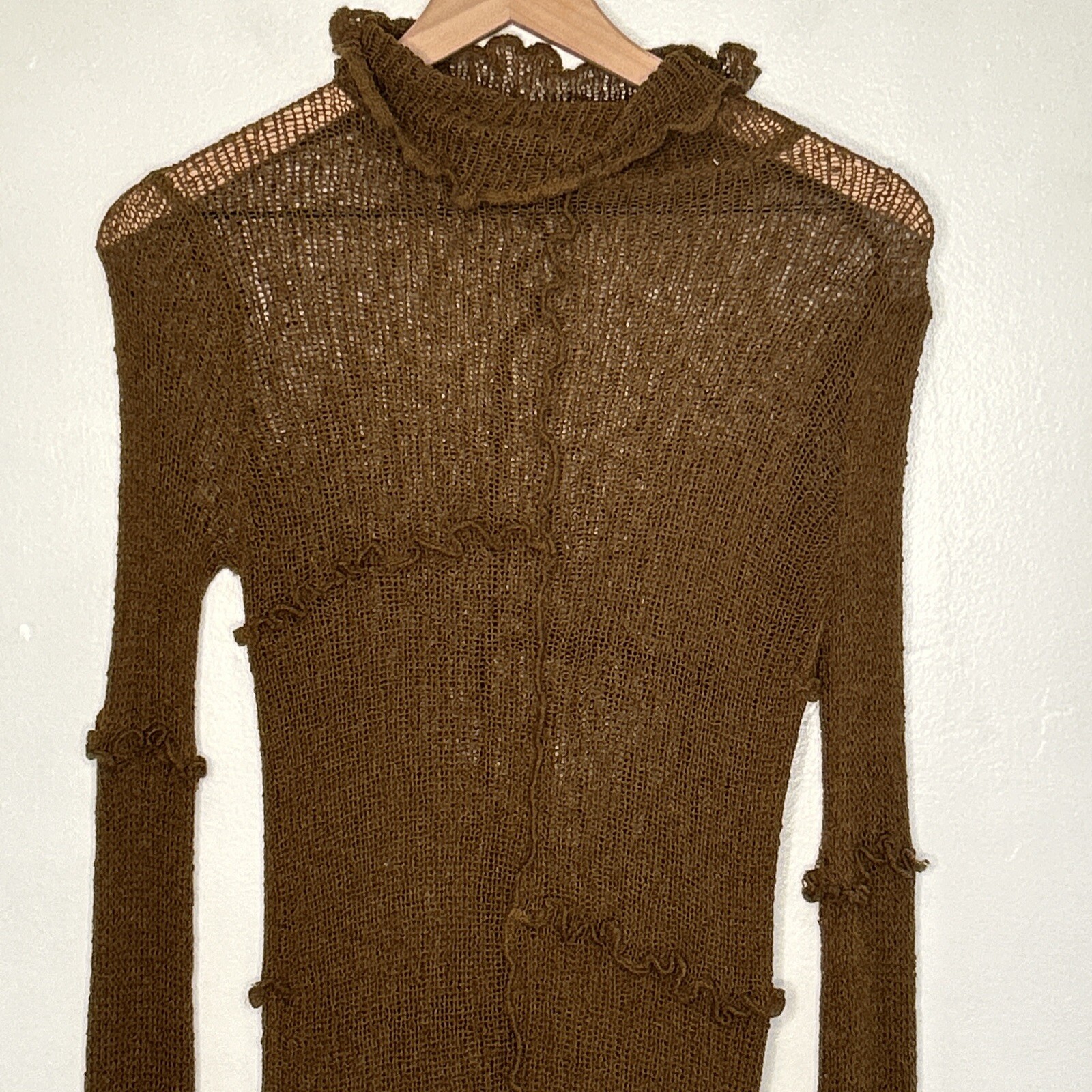 Open Weave Medium Crochet See Through Cowl Neck Long Sweater Tunic Blogger Brown