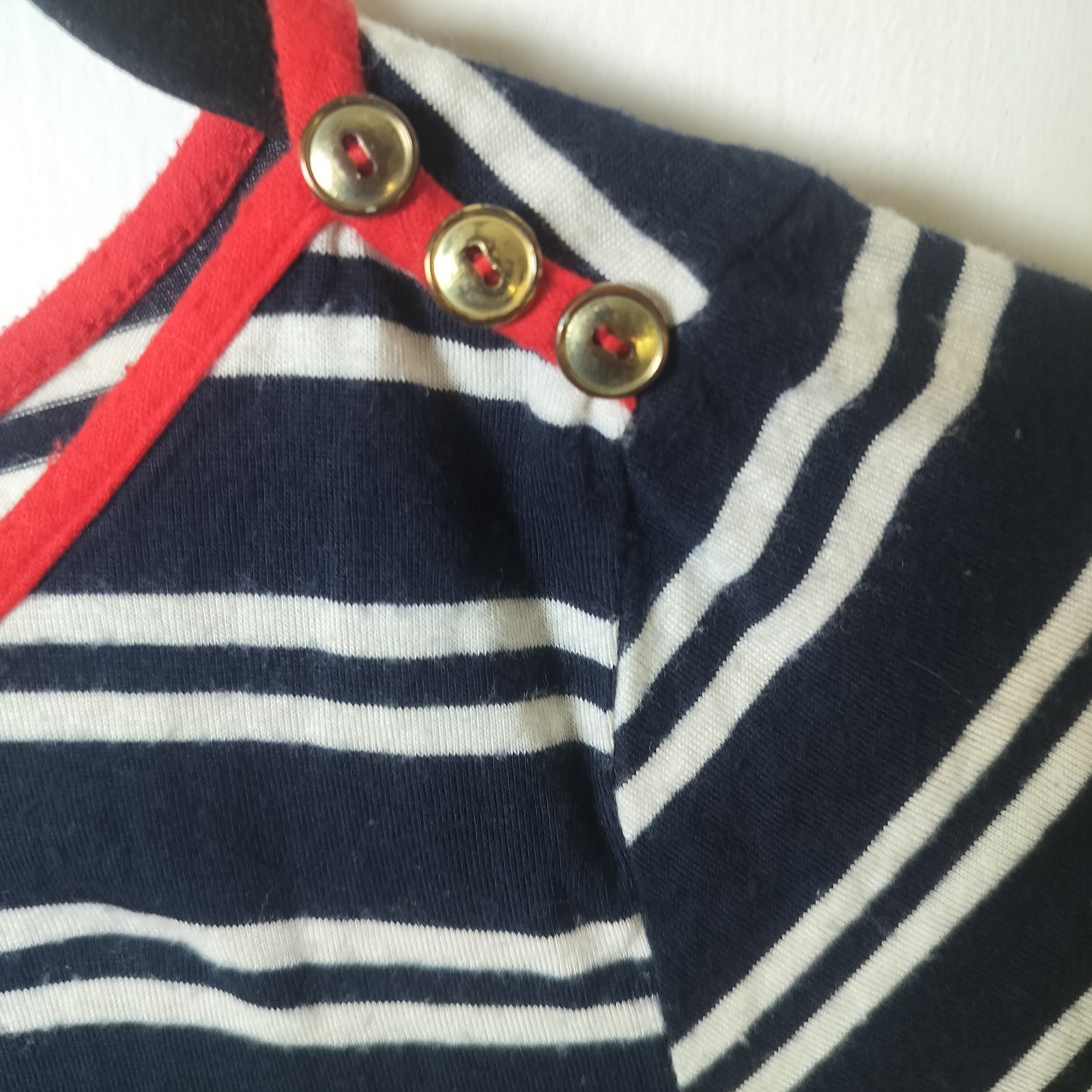 CELINE BY CHAMPION NAVY WHITE STRIPED BOAT NECK TOP RED TRIM BUTTON 3/4 SLEEVE