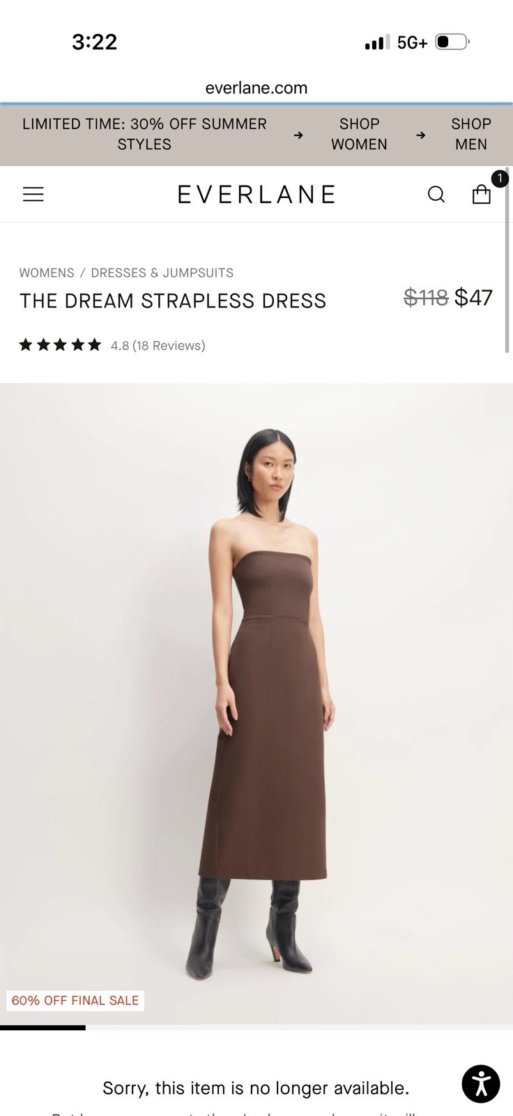 Everlane The Dream Strapless Dress — Brown xxs. Excellent condition.