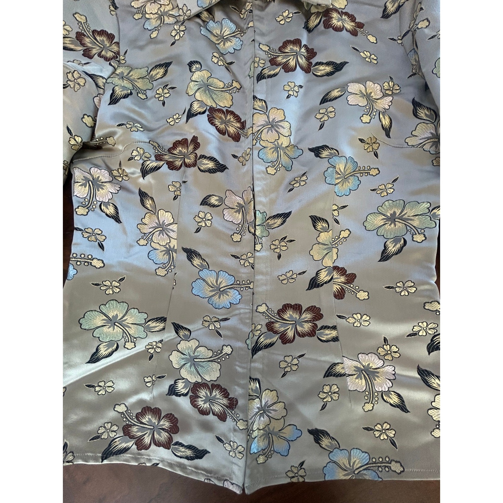 Mag by Magaschoni Tailored Satin Jacquard Brocade Hibiscus Shirt 4 S