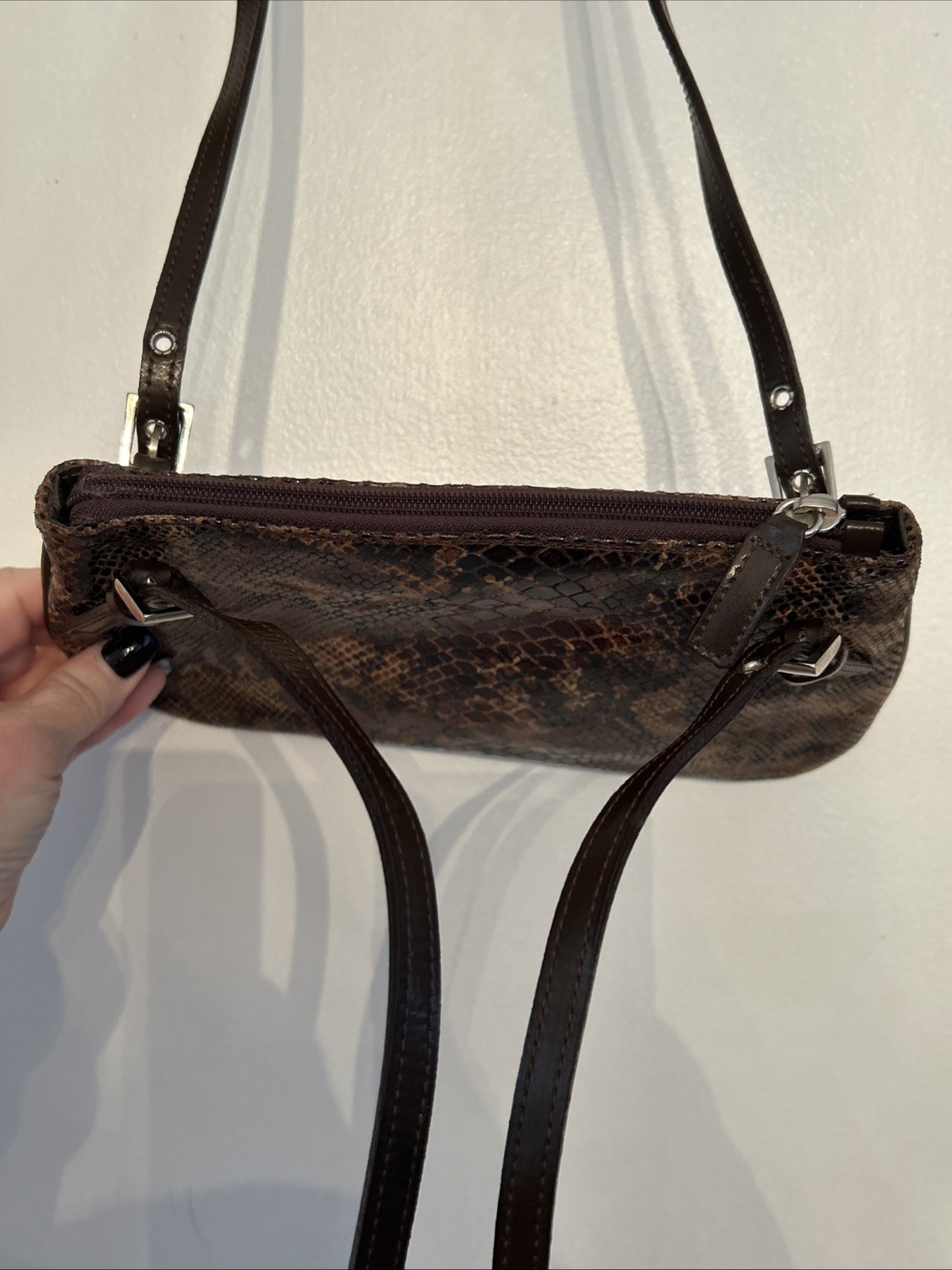 Vera Pelle Italy Brown Snakeskin Purse Leather DoubleHandle Shoulder Bag 10.25”W