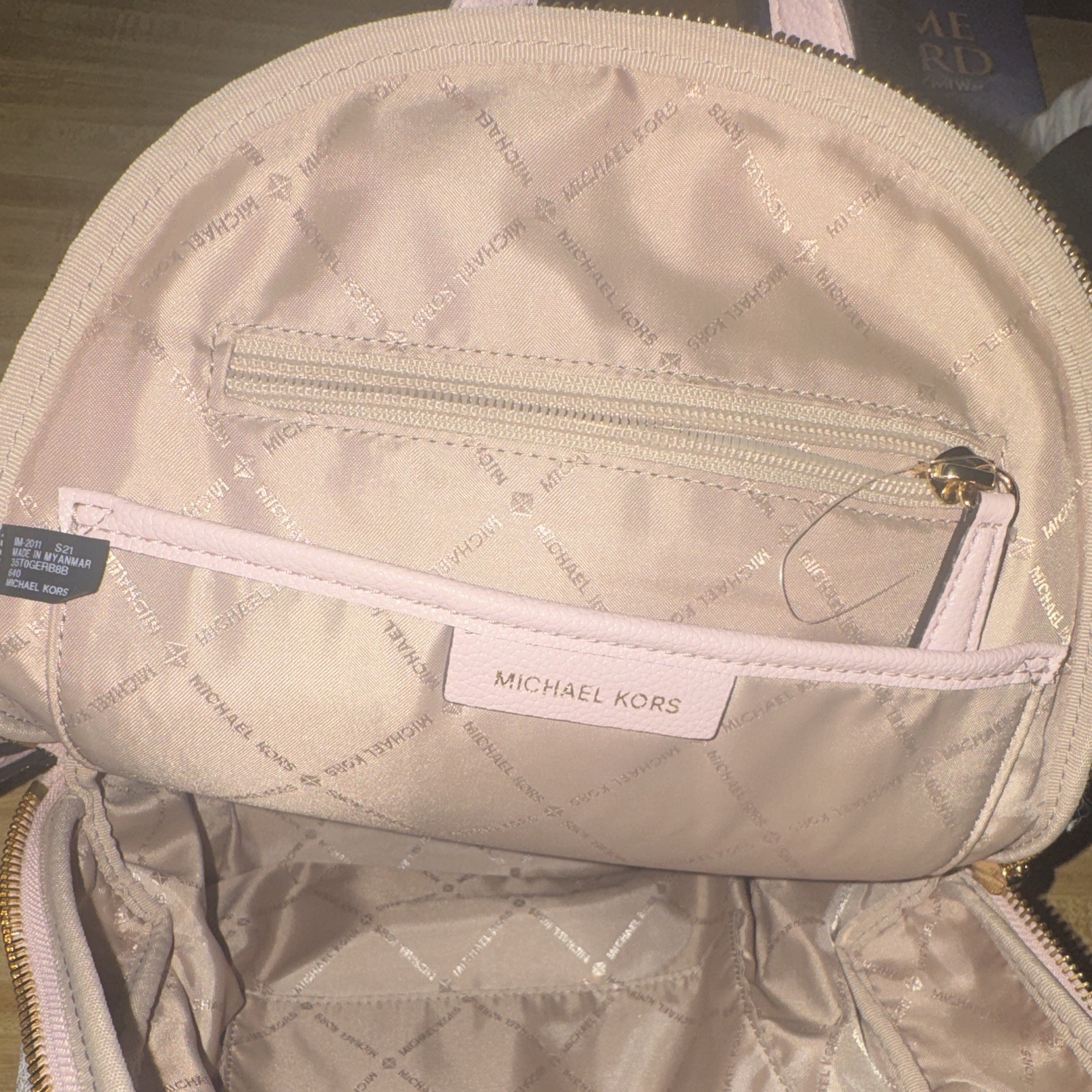 Michael Kors Logo Print Small Backpack Beige/Pink Gold Hardware Zip Detach Strap