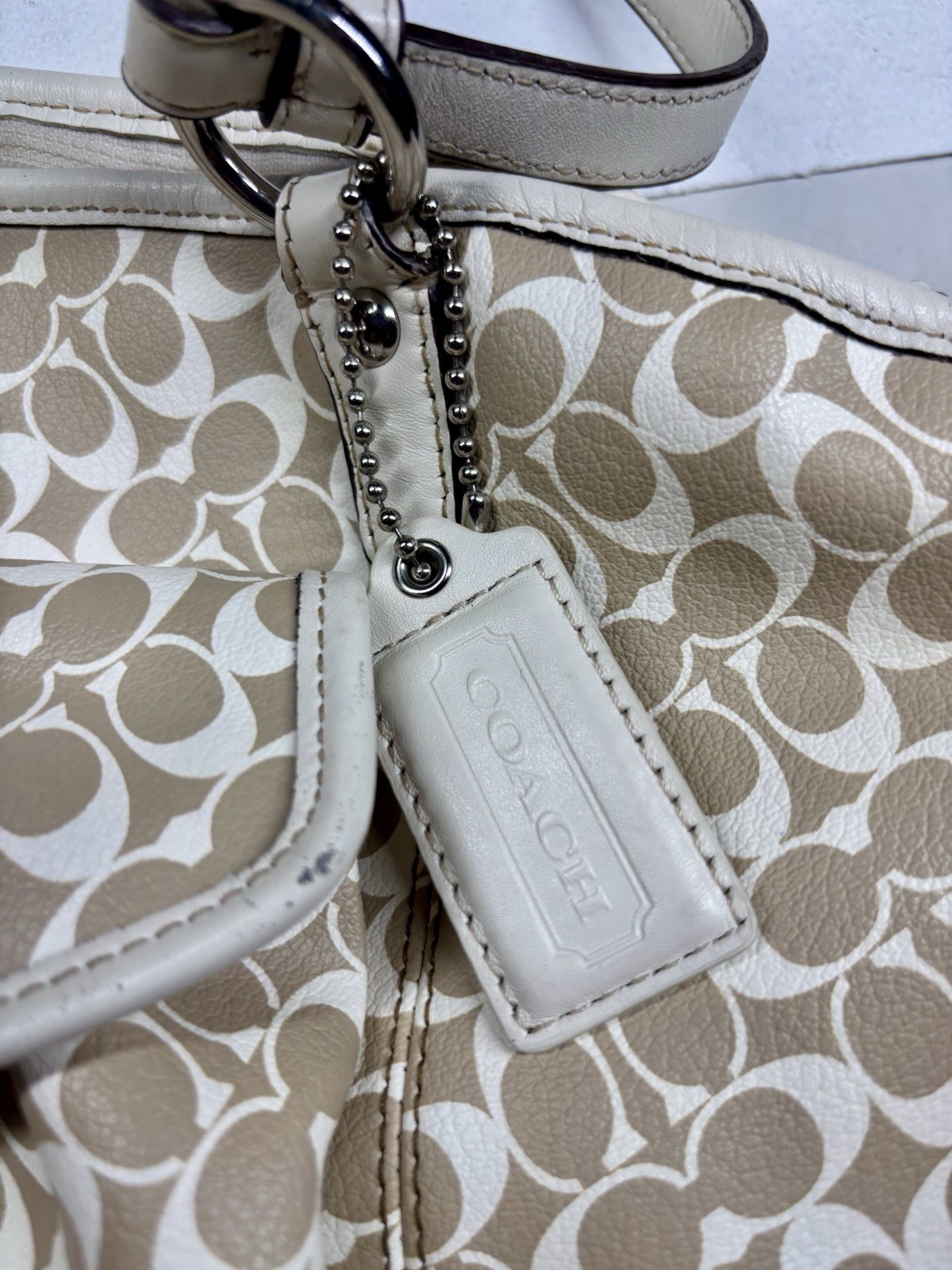 Coach Signature Leah Large Shoulder Tote Bag Khaki White 15135 Handbag Purse
