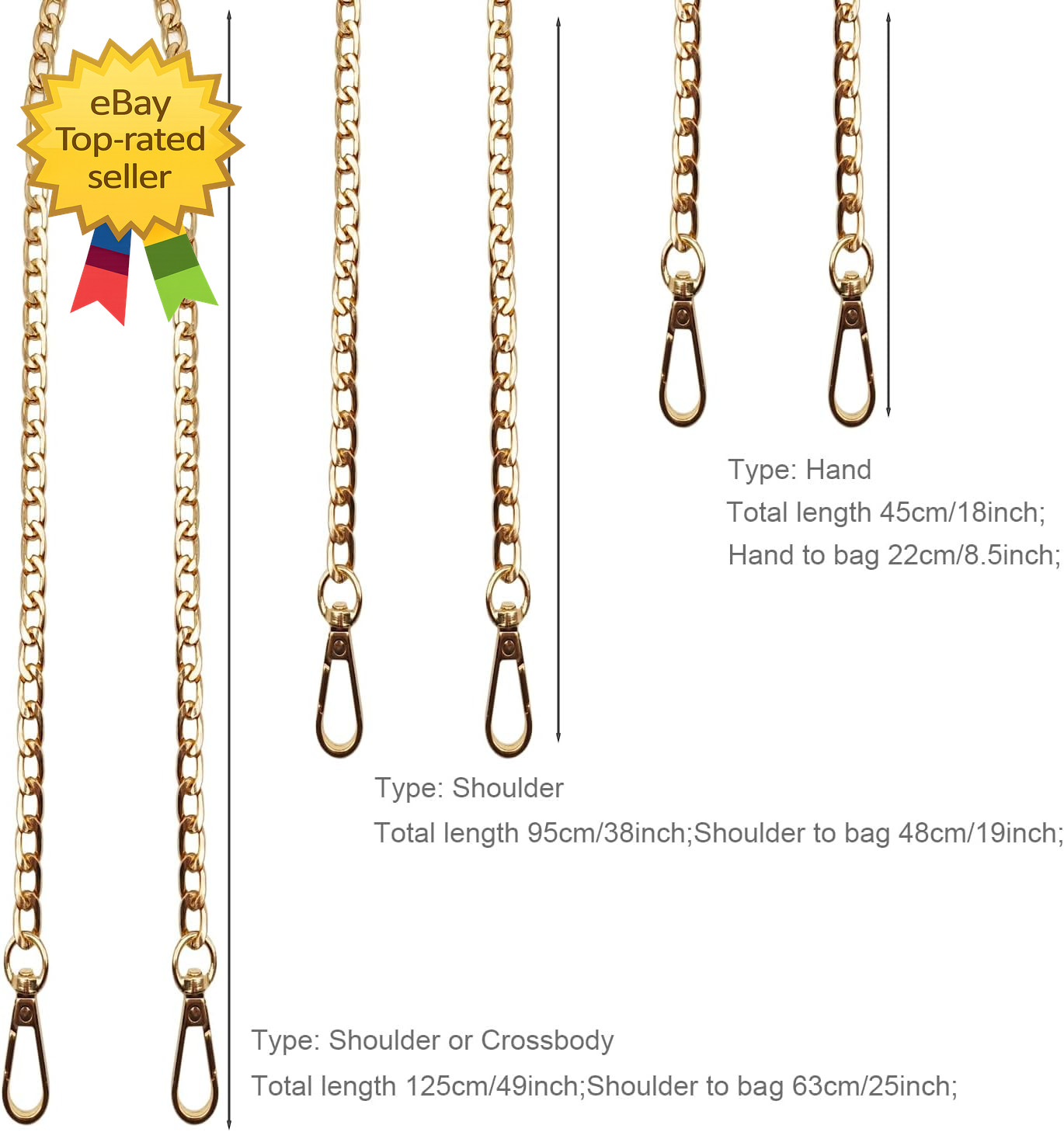 Gold Metal Purse Chain Strap 3 Pack 16 36 48 Inch Bag Replacement Set Hard