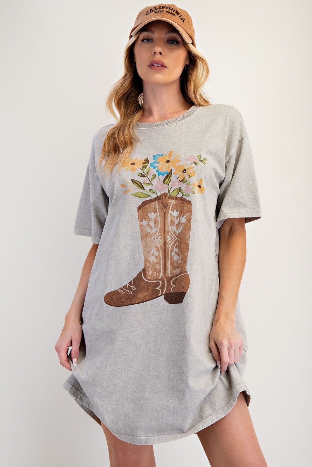 New Easel Boot Flower Cotton Tunic Dress Relaxed Fit Plus Size 2X Gray T Shirt