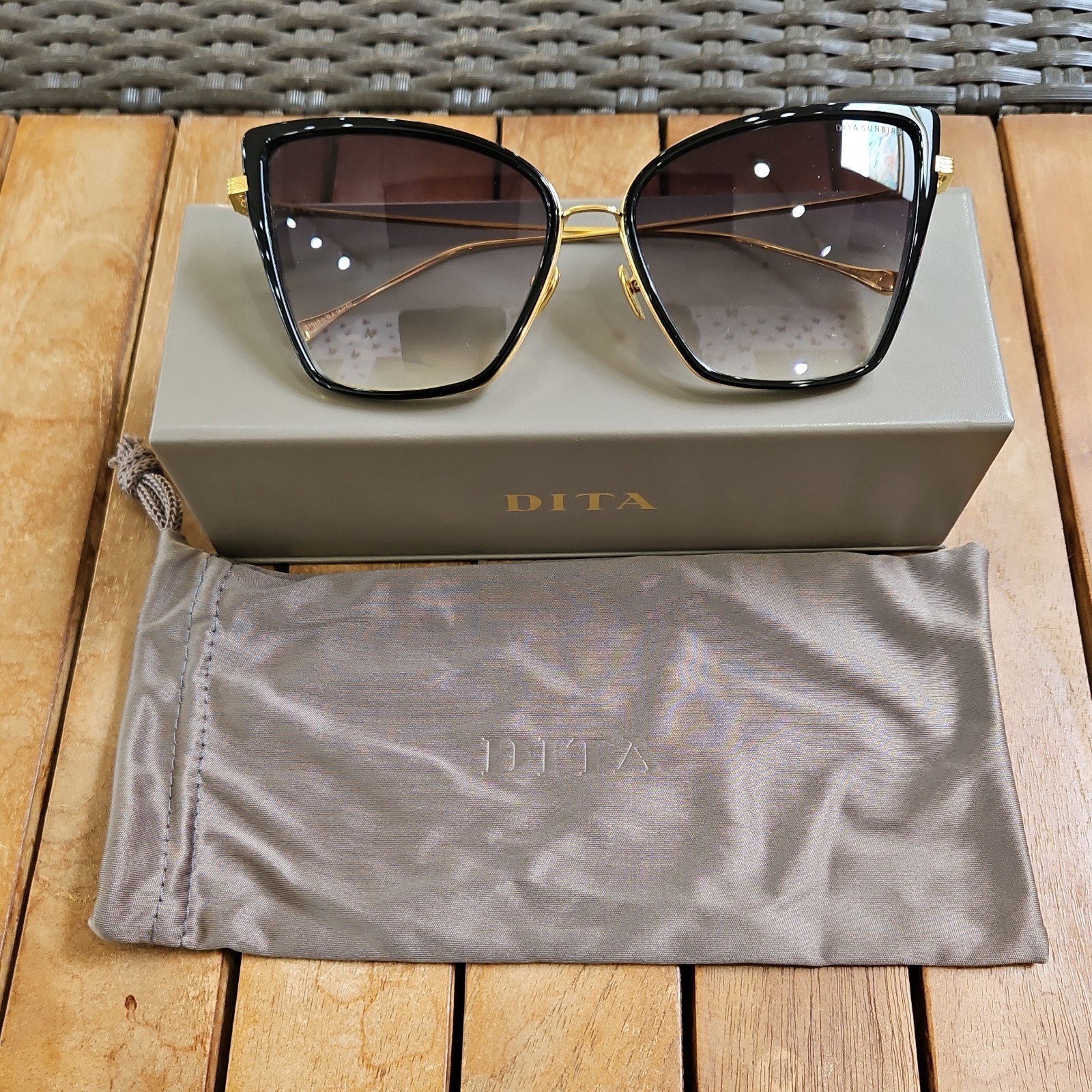 DITA SUNBIRD Women’s Cat Eye Sunglasses Black Metal Frame Brown Gradient Lenses