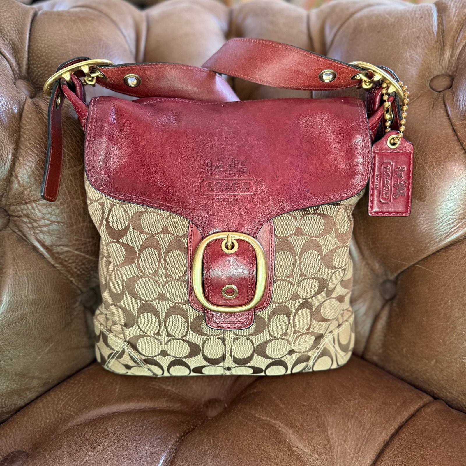 Coach Bleecker Signature Flap Shoulder Bag 11436 Burgundy Khaki Canvas
