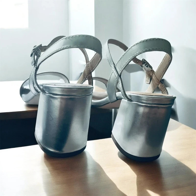 Silver metallic block heel sandals by Bronx (Size 37) with original box
