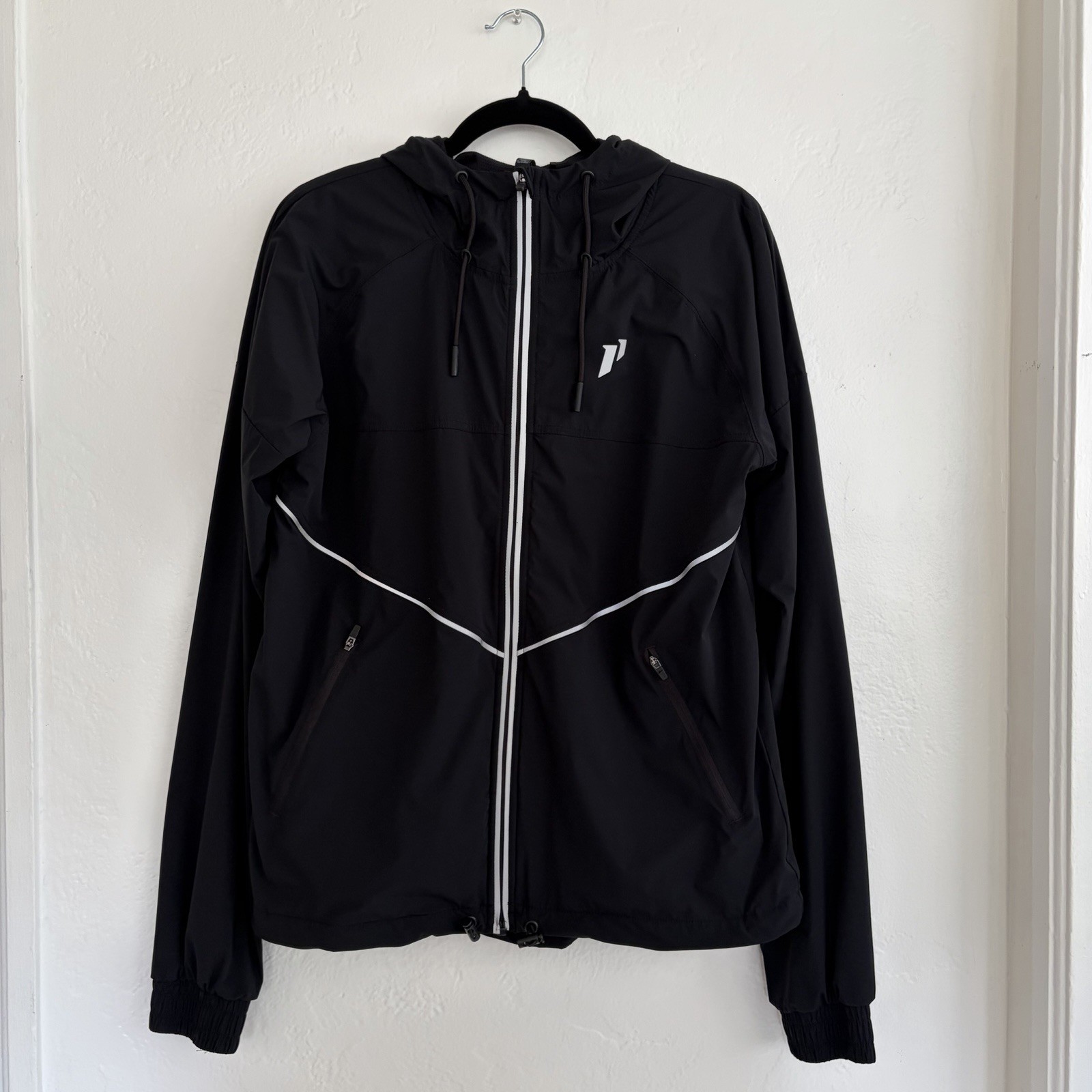 1st Phorm Black Hooded Reflective Full Zip Windbreaker Jacket Pockets Size Small