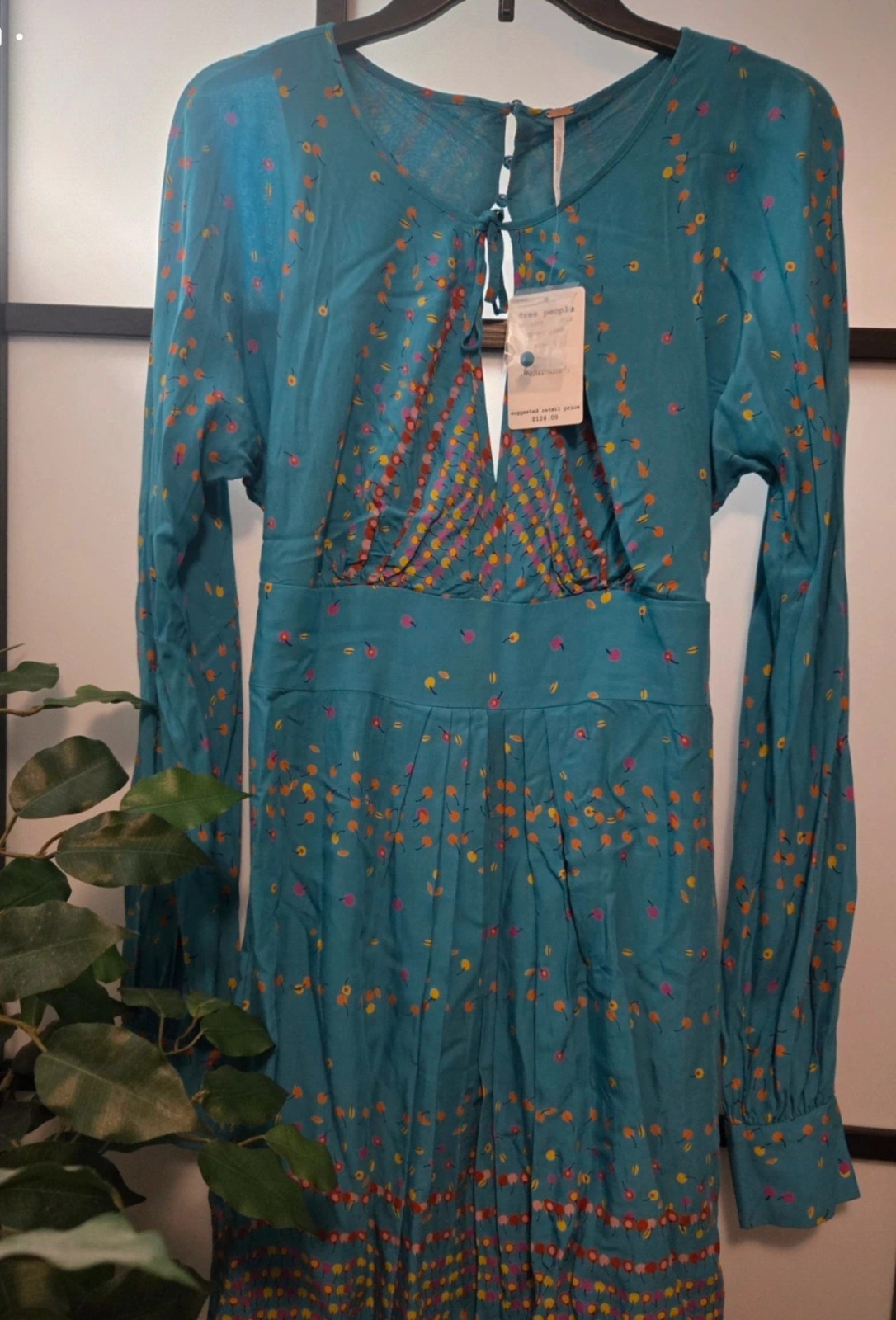 Free People Coryn Mini Dress Blue Floral Balloon Long Sleeve Round Neck Rayon 6