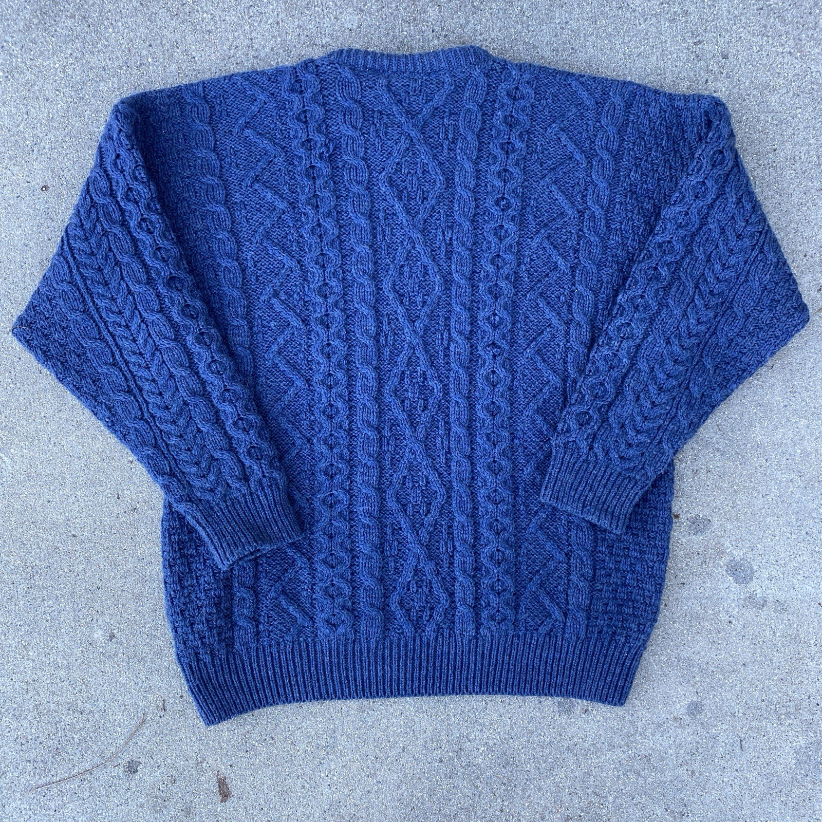 Aran Market Ireland Me‎rino Wool‎ Zig Zag Sweater‎ Blue Cableknit Fisherman L