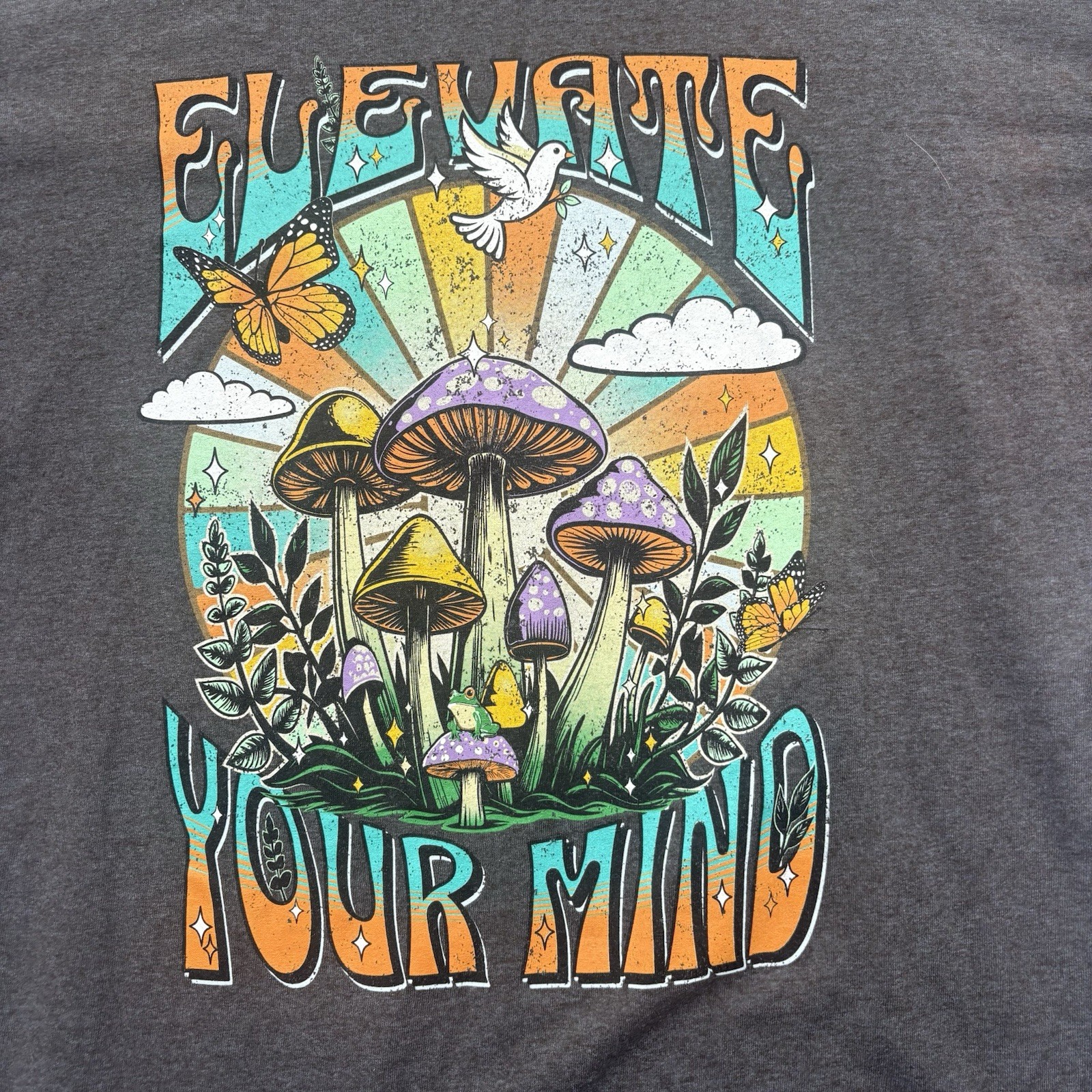 Elevate Your Mind XL Mushroom Graphic T-Shirt Gray Psychedelic Retro Tee