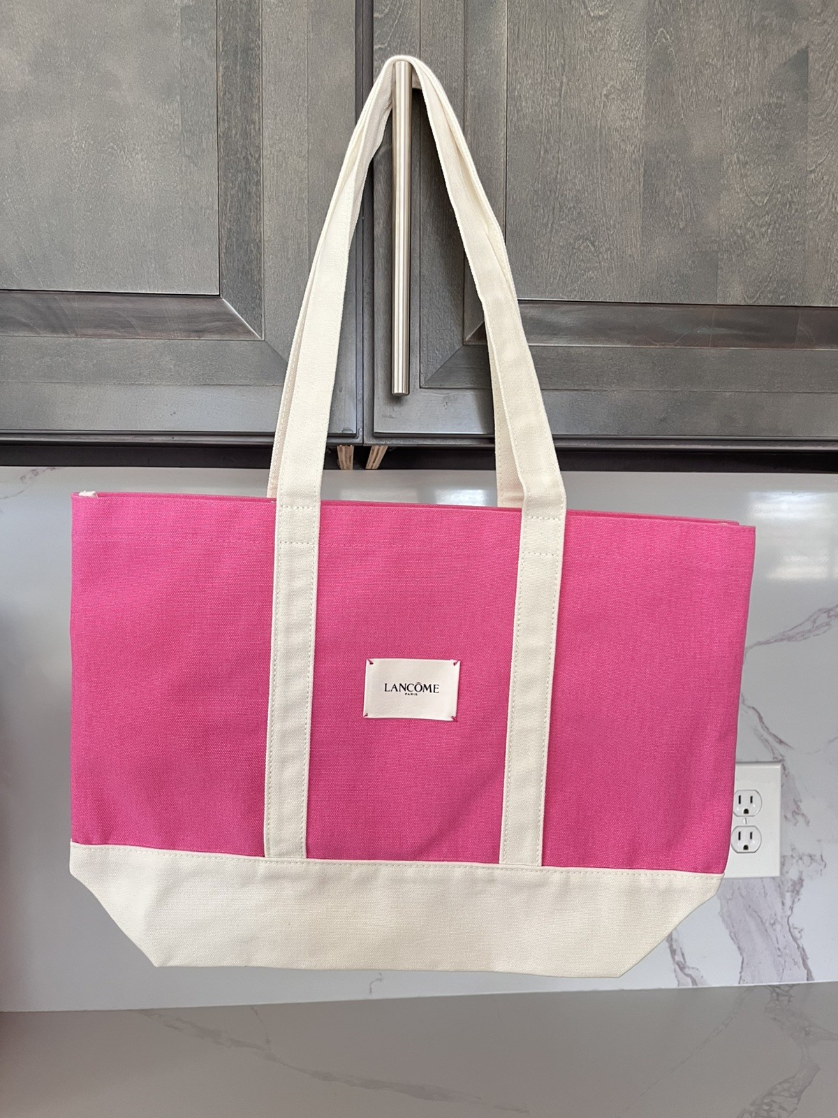 LANCOME Tote Bag Pink/White Canvas 15″x12″x5″