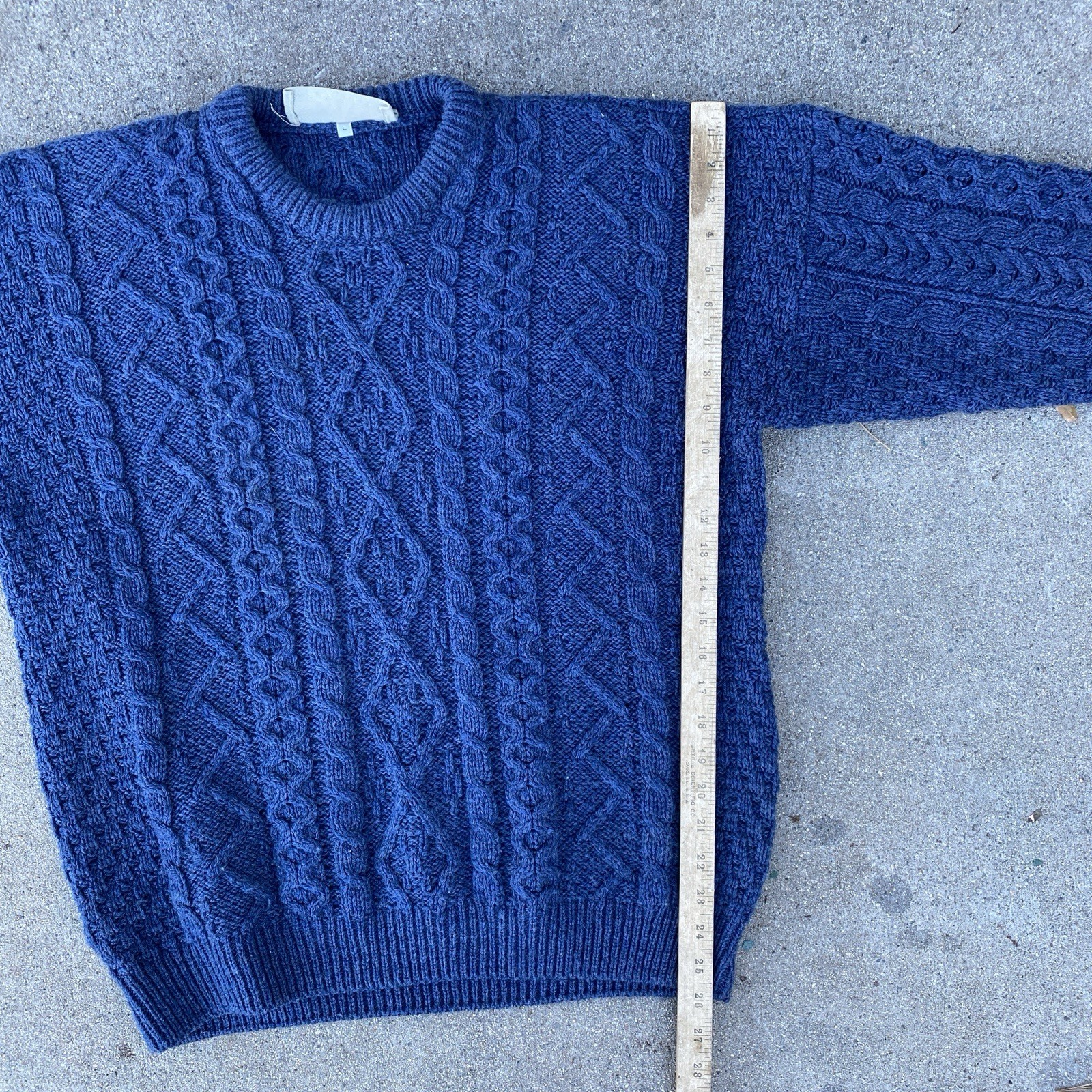Aran Market Ireland Me‎rino Wool‎ Zig Zag Sweater‎ Blue Cableknit Fisherman L