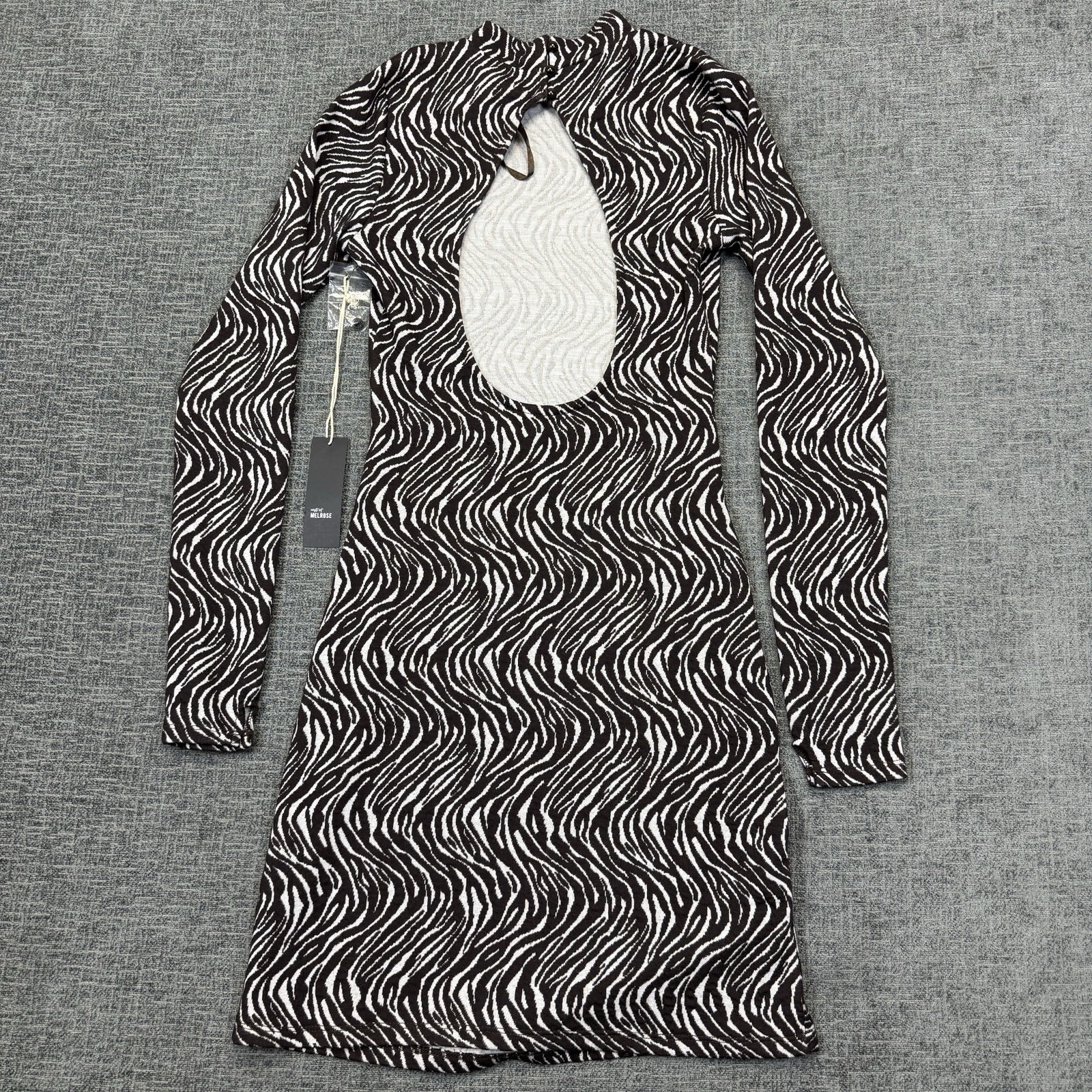West of Melrose Zebra Print Open Back Mini Dress Long Sleeve Ruched XS NWT