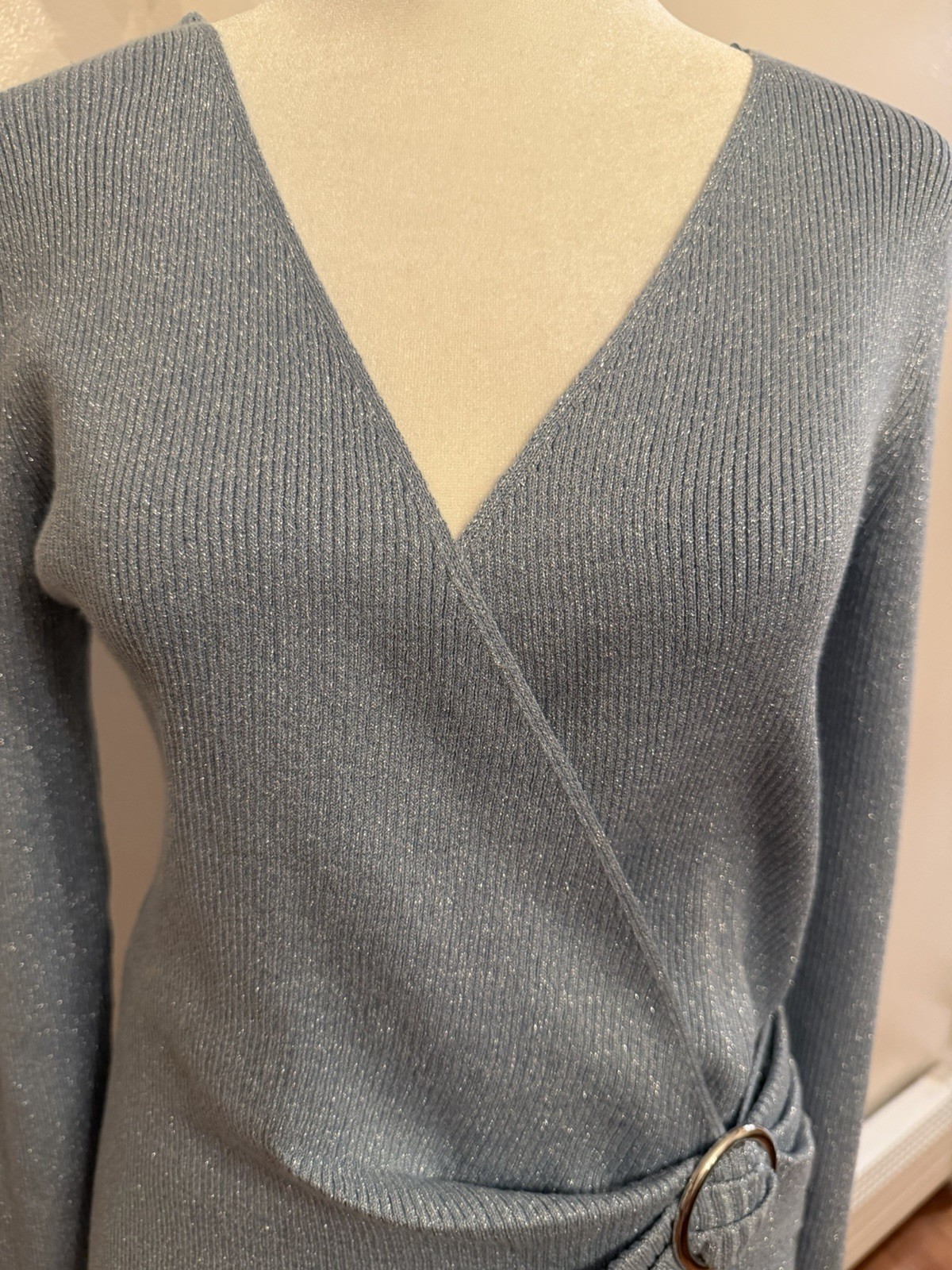 NWT Ribbed Wrap Sweater Powder Sky Blue Metallic Ring Detail Size L