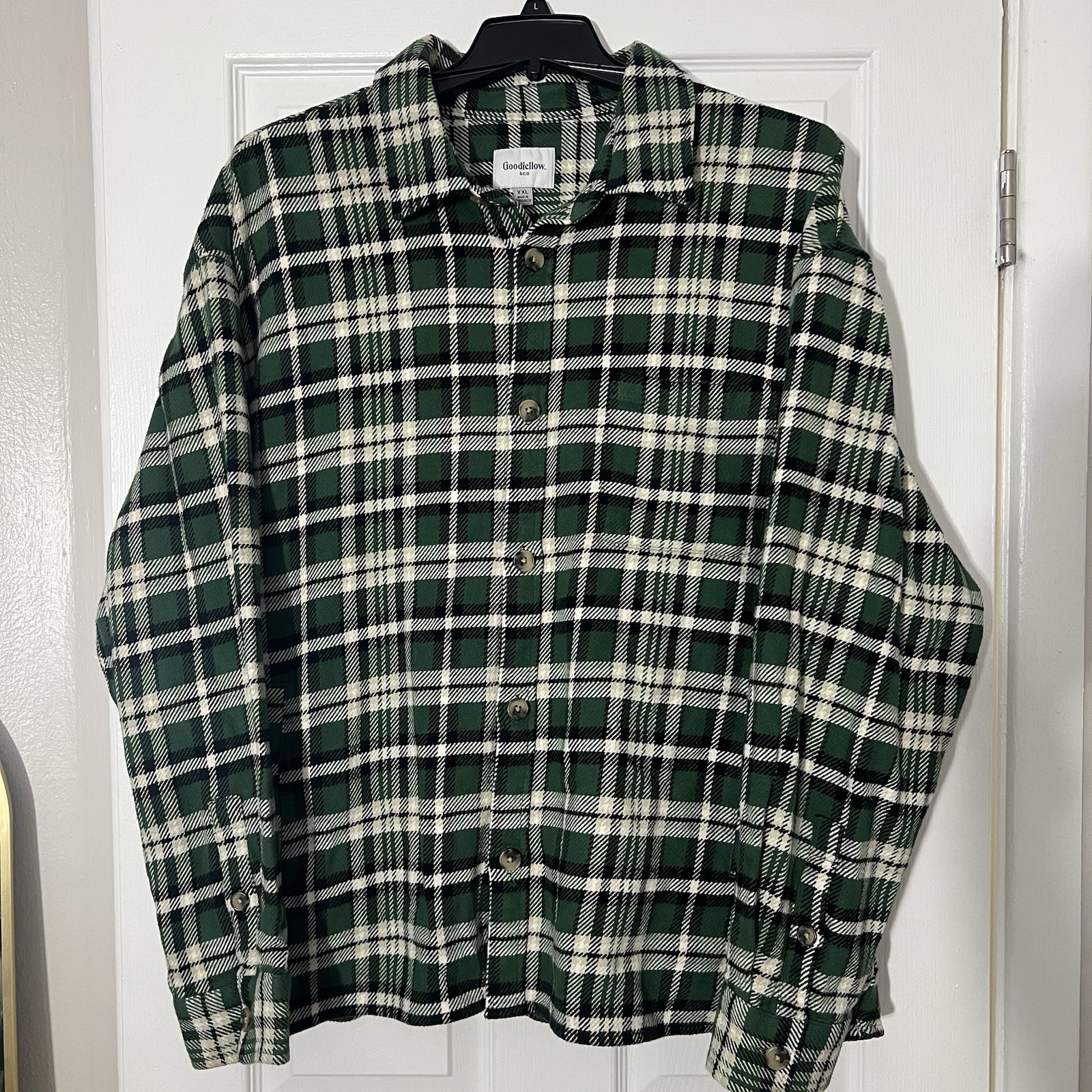 Goodfellow & Co Men’s 2XL Green White Plaid Flannel Button Front Shirt Jacket