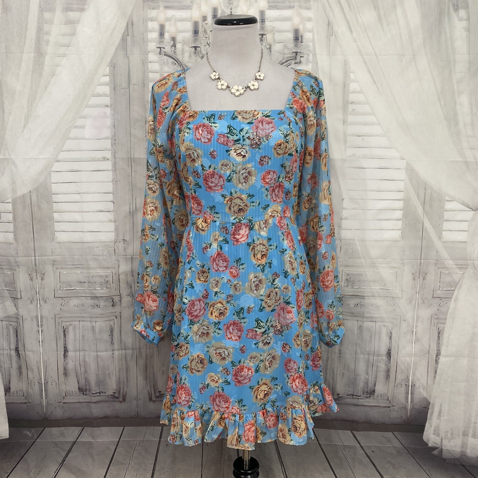 Adelyn Rae Medium Blue Floral Vero Poet Sleeve Ruffle Hem A-Line Square Neck B29