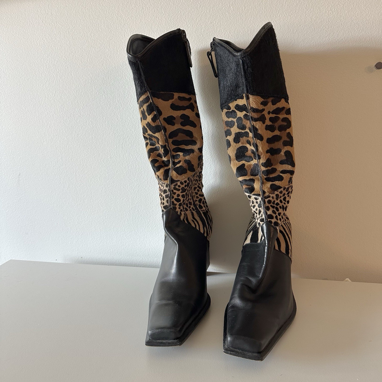 Vintage Y2K Sergio Rossi Patchwork Pony Hair Leather Tall Boots 38.5 Leopard