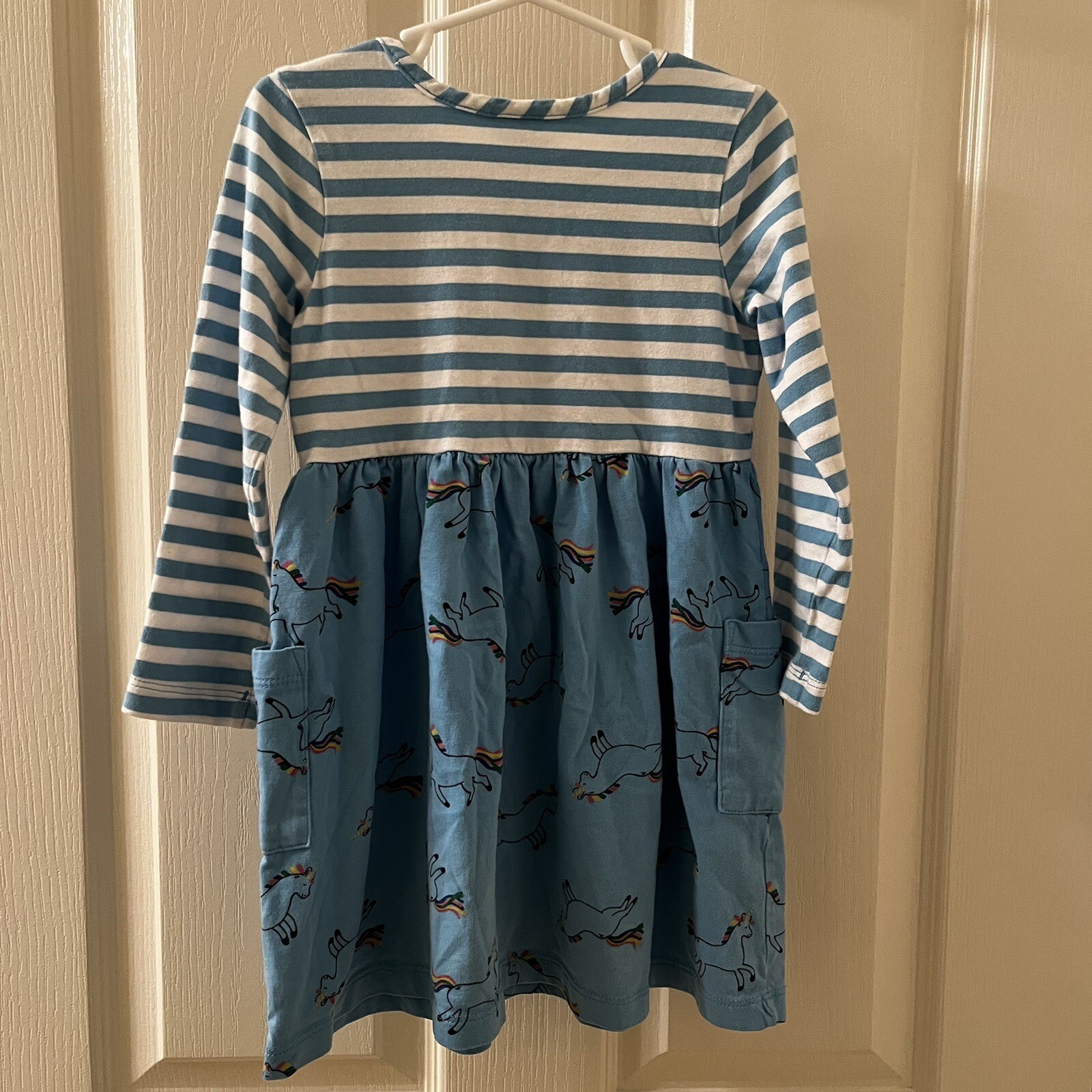 Hanna Andersson Mixie Playdress Dress Blue Striped Unicorn Pockets Size 100 US 4