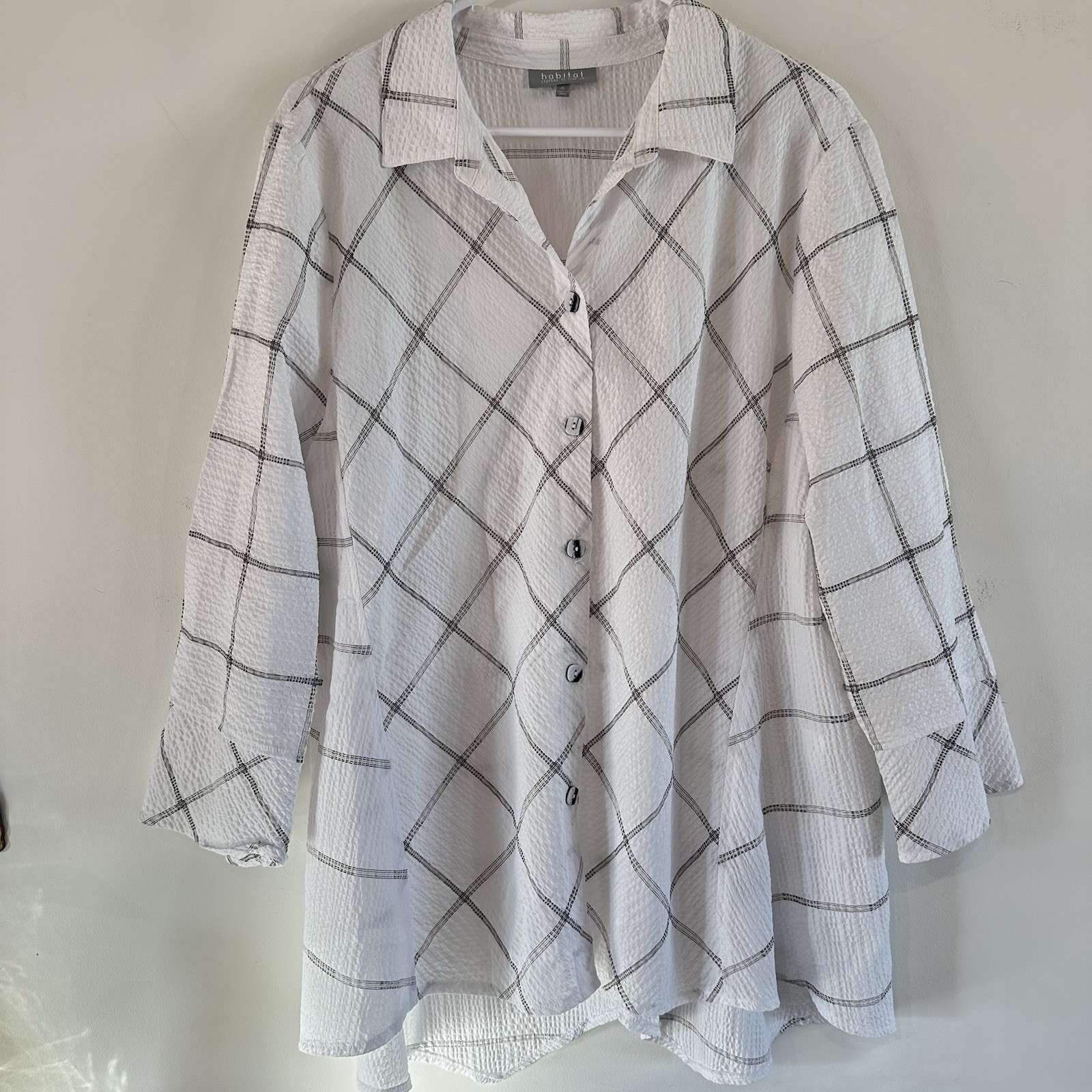 Habitat Tunic White Black Grid 3/4 Sleeve Crinkle Lightweight XL No-iron Button