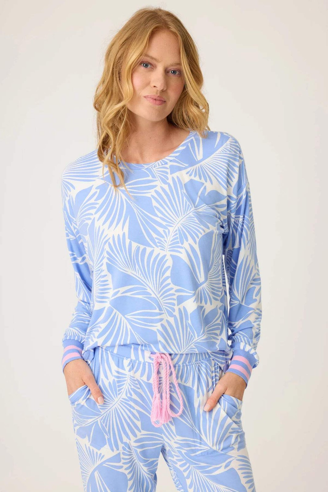 PJ Salvage Deep Blue Bayside Dreams Tropical Print Long Sleeve Pajama Set RUBDLS