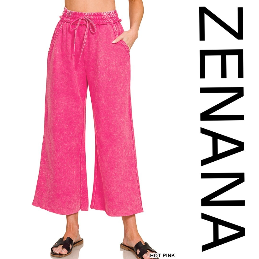 SIZE S-L ZENANA HOT PINK MINERAL WASHED FRENCH TERRY WIDE LEG PANTS/CROP BHCS