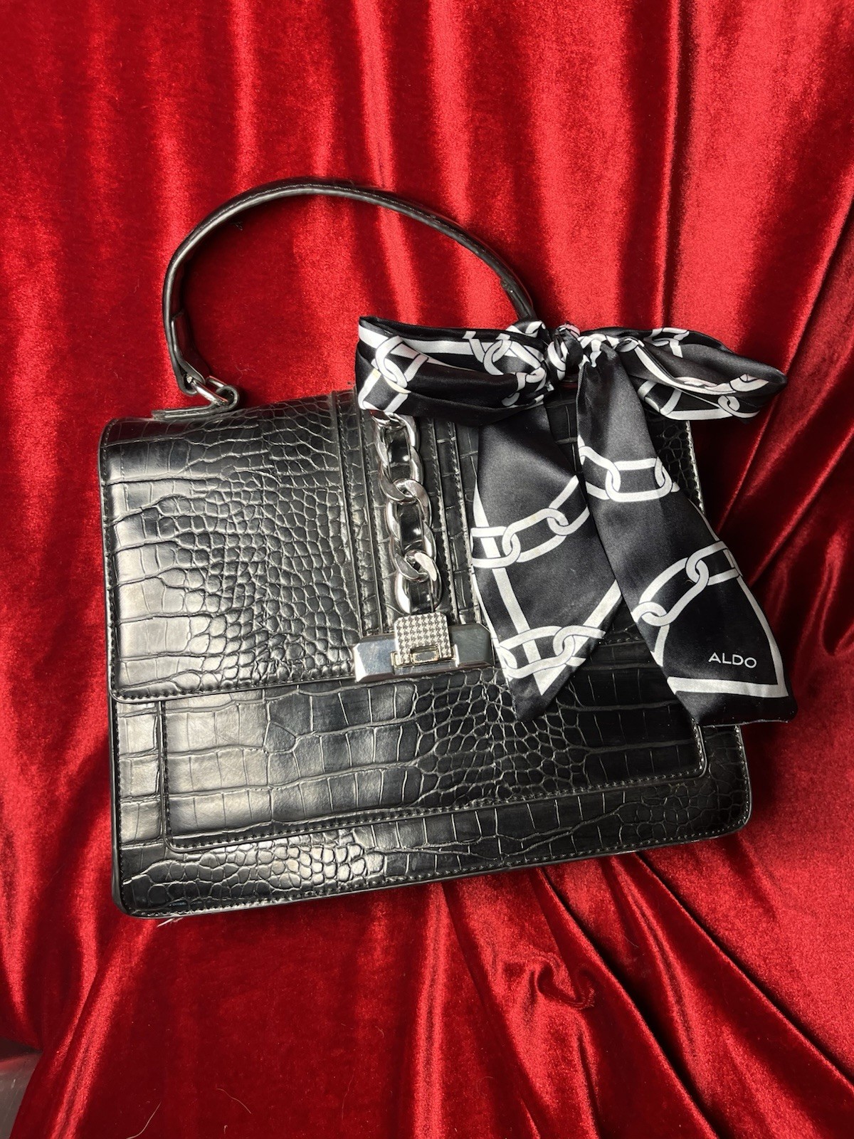 ALDO Anniebrook handbag With Strap Black Satchel Cross Body Scarf Faux Leather