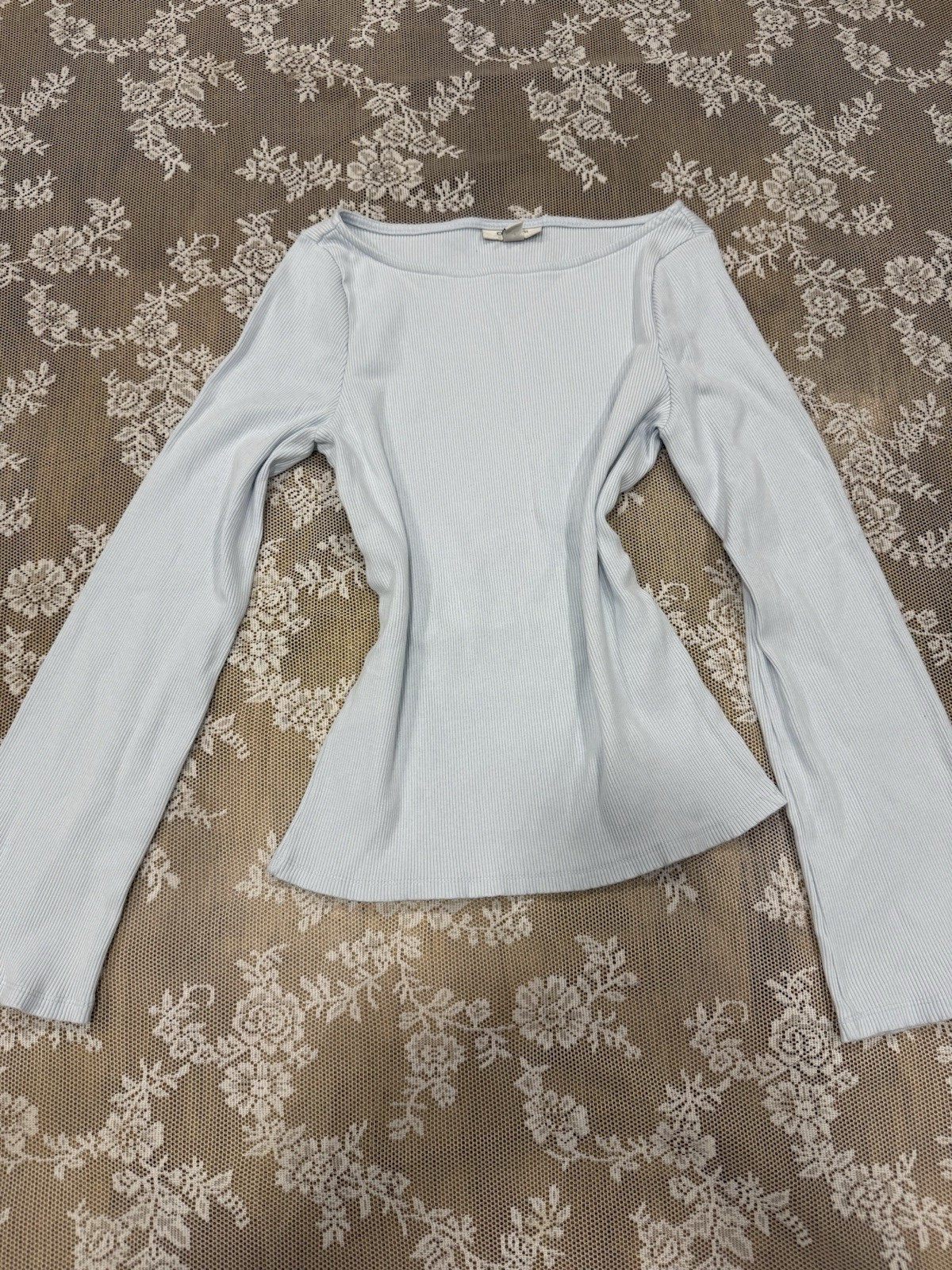 ON•34TH Blue Solid Ribbed Knit Scoop Neck Stretch Long Sleeve Top Women’s S