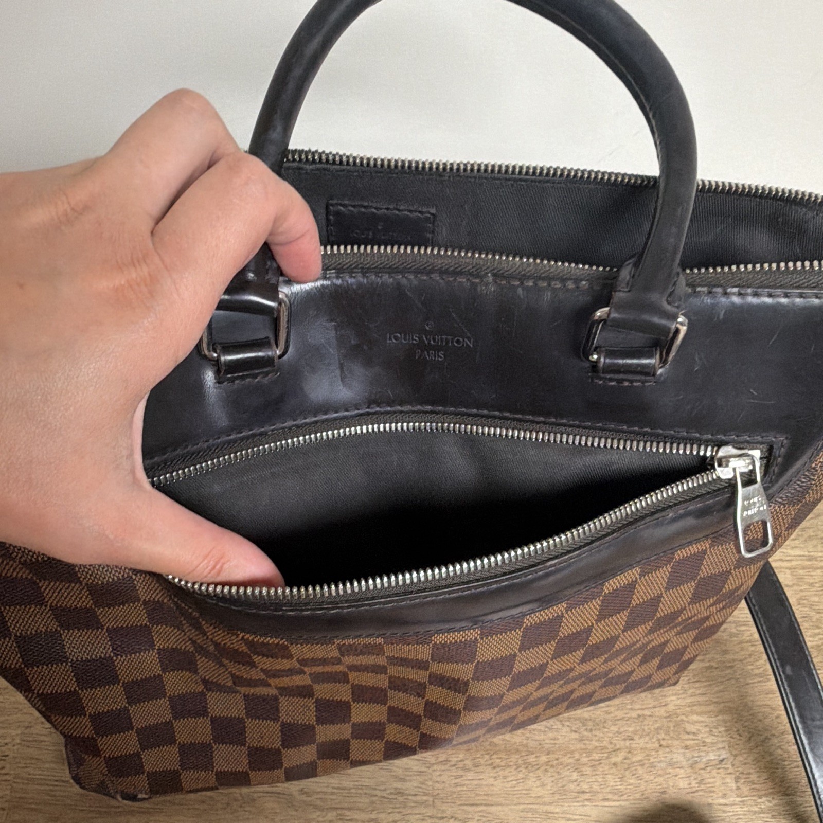 Louis Vuitton Damier Satchel Top Handle Bag Zip w/ Detachable Strap Brown/Black