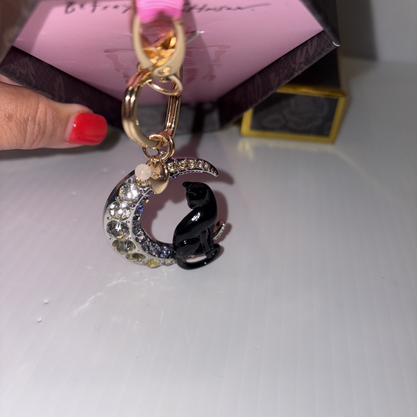 $58 Betsey Johnson Halloween Moon & Black Cat Jewelry Charm Keychain NEW in Box