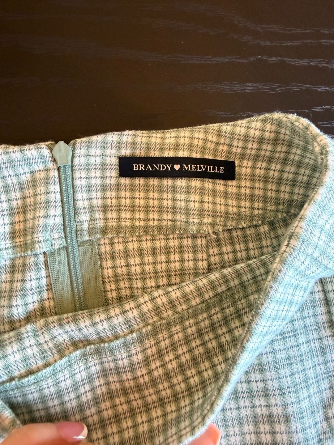 Brandy Melville Green and White Plaid Mini Skirt with Front Slits