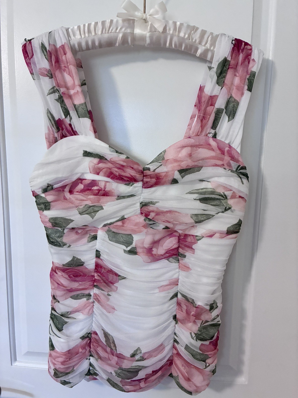 Venus Floral Mesh Ruched Sweetheart Neckline Top Pink Rose Sleeveless Blouse L