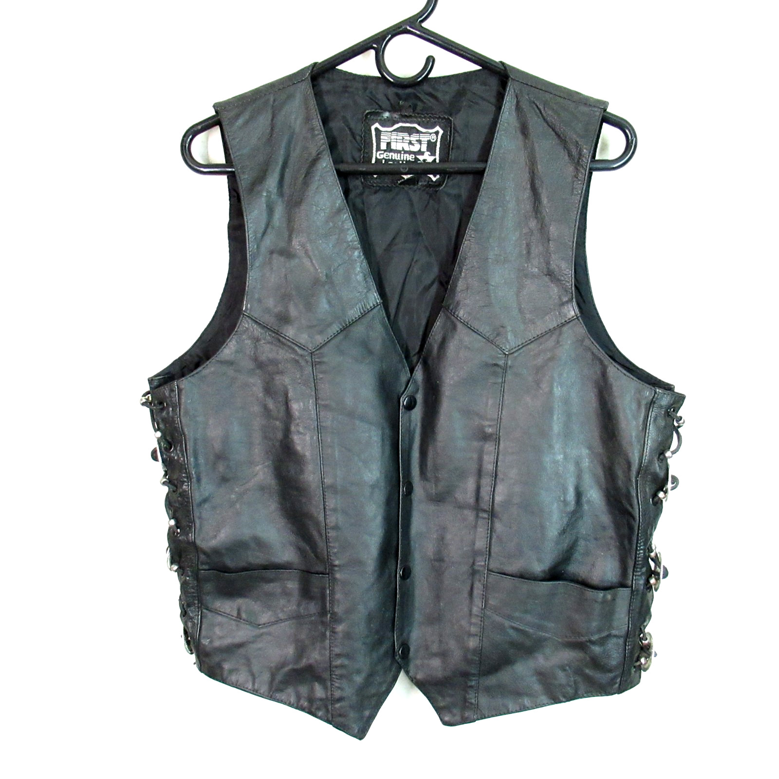 First Genuine Leather Vest Women L Black Concho Lace Up Sides Snap Front Lined