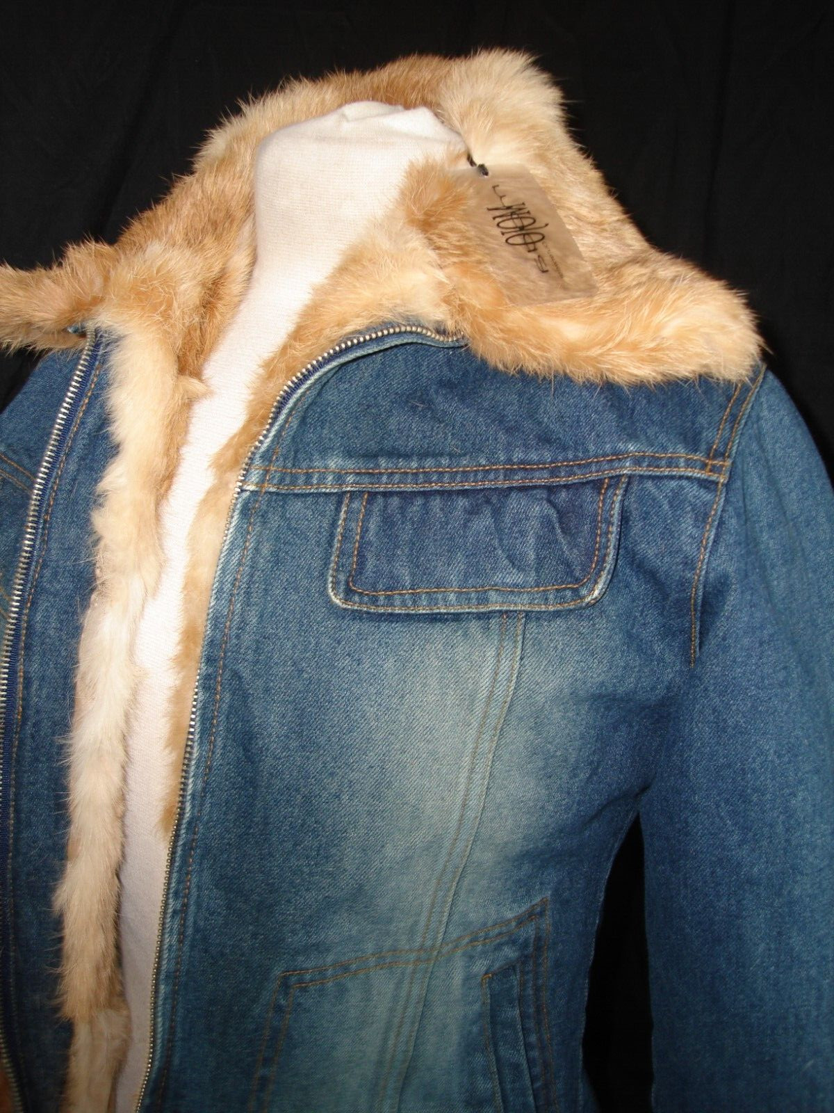 NWT Mojo Moda Blue Denim W/Rabbit Fur Trim & Quilted Lining Jacket. Sz M