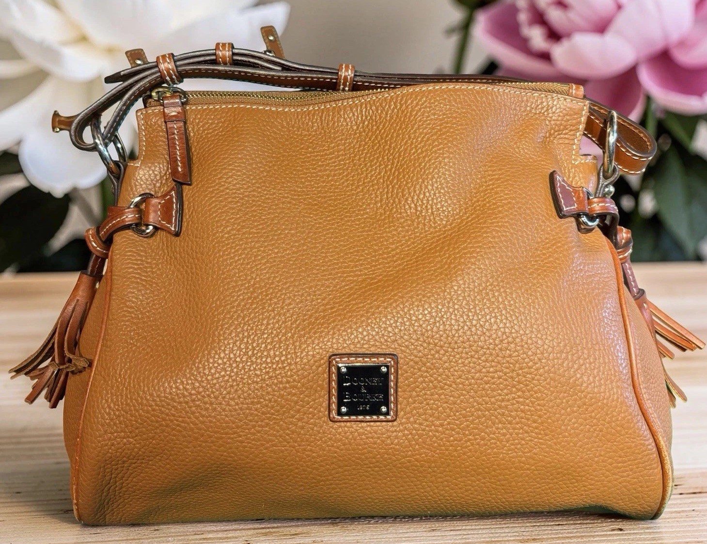 Dooney Bourke Caramel Brown Hobo Zip Shoulder Bag Pebbled Leather