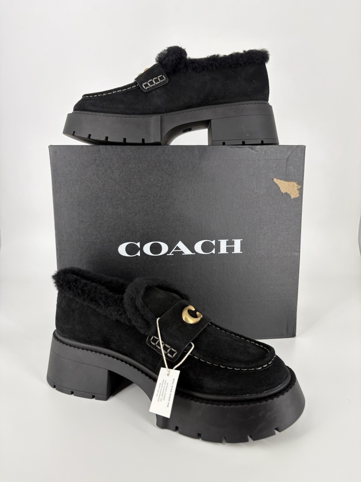 COACH Sz 7 Leah Loafers $250 Retail NWB Black Suede Shearling Logo