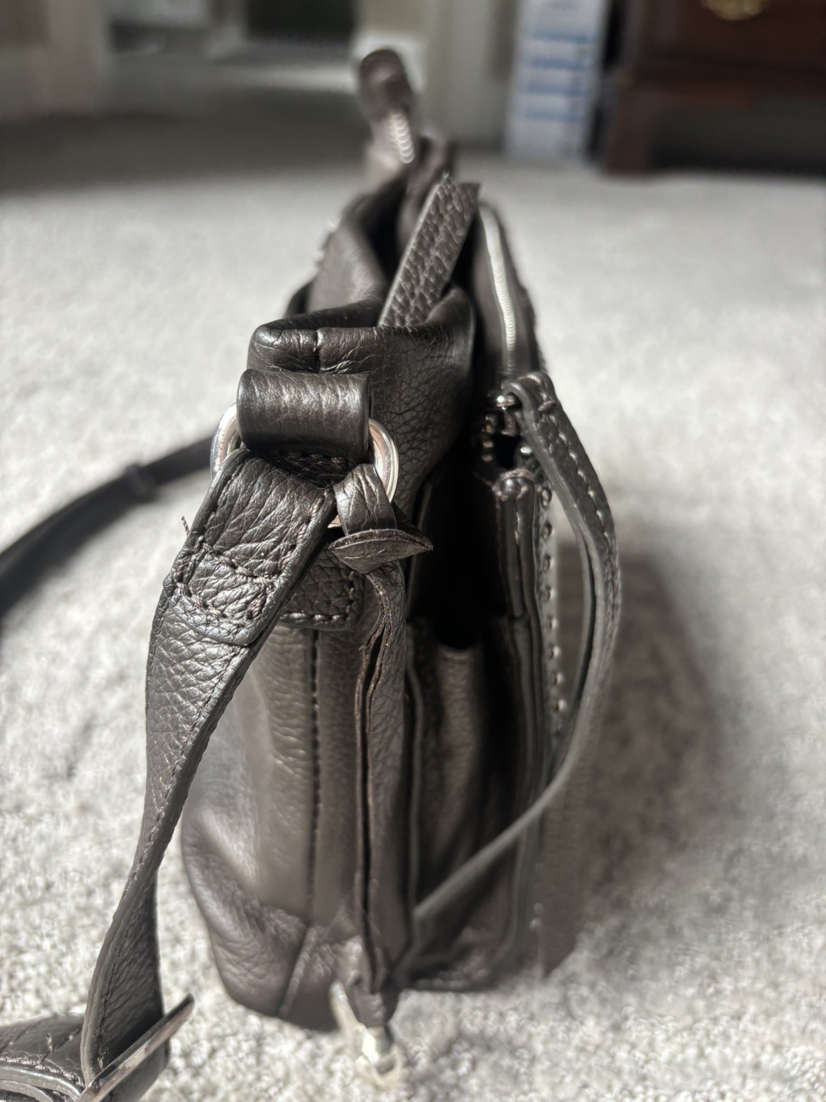 BRIGHTON Crossbody Organizer in Cappuccino Pebbled Leather w/ Silver Studs