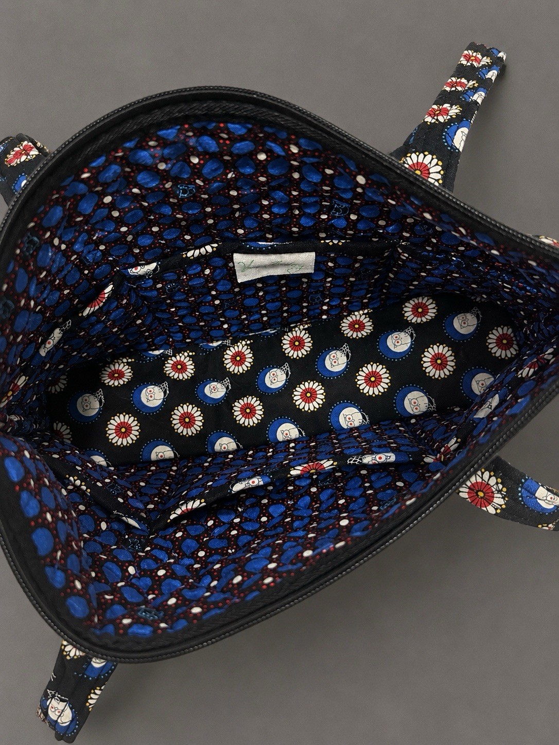 Quilted Floral Owl Print Zip Tote Bag Medium Lined Inner Pockets Black Blue