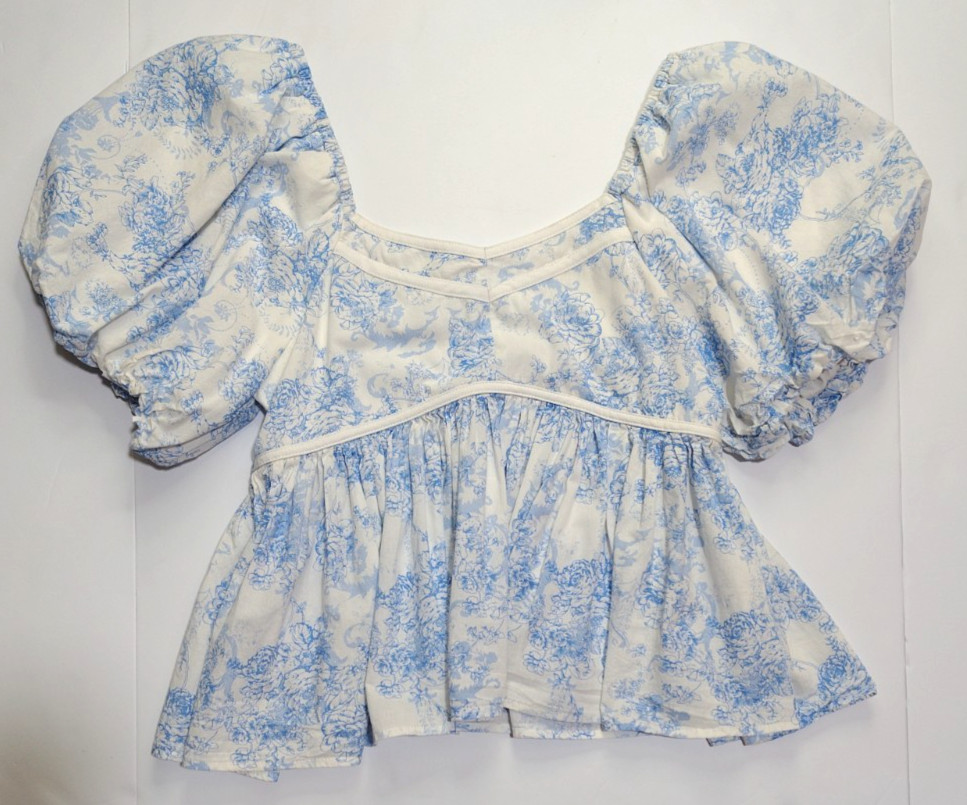 Entro Medium Blue White Floral Toile Puff Sleeve Crop Top Womens Stretch Back