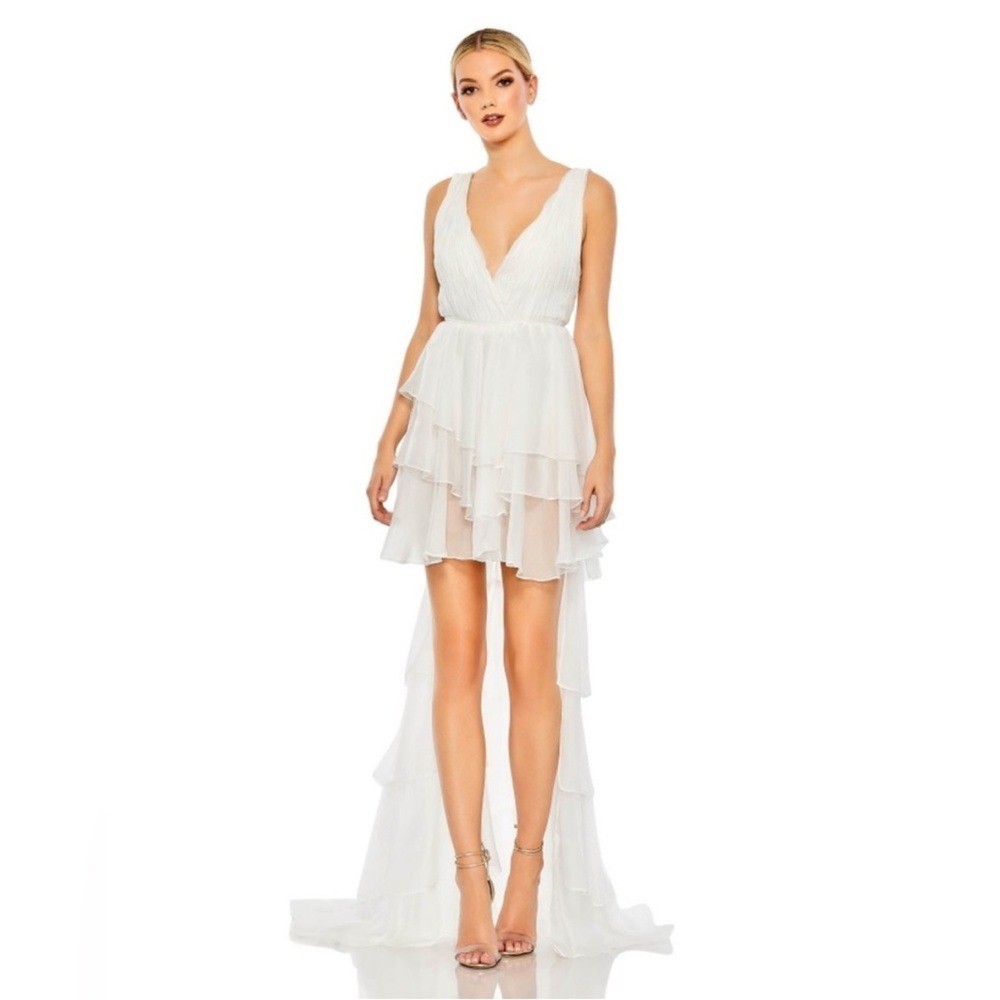 Mac Duggal HIGH LOW TIERED GOWN WITH BUILT IN BODYSUIT – 55320 white size 0