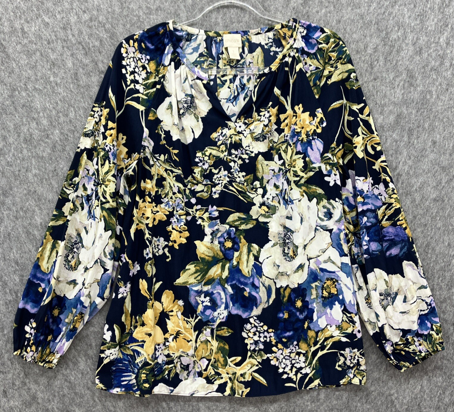 Chicos 1 Peasant Shirt Womens Medium Blue Floral Balloon Sleeves Career